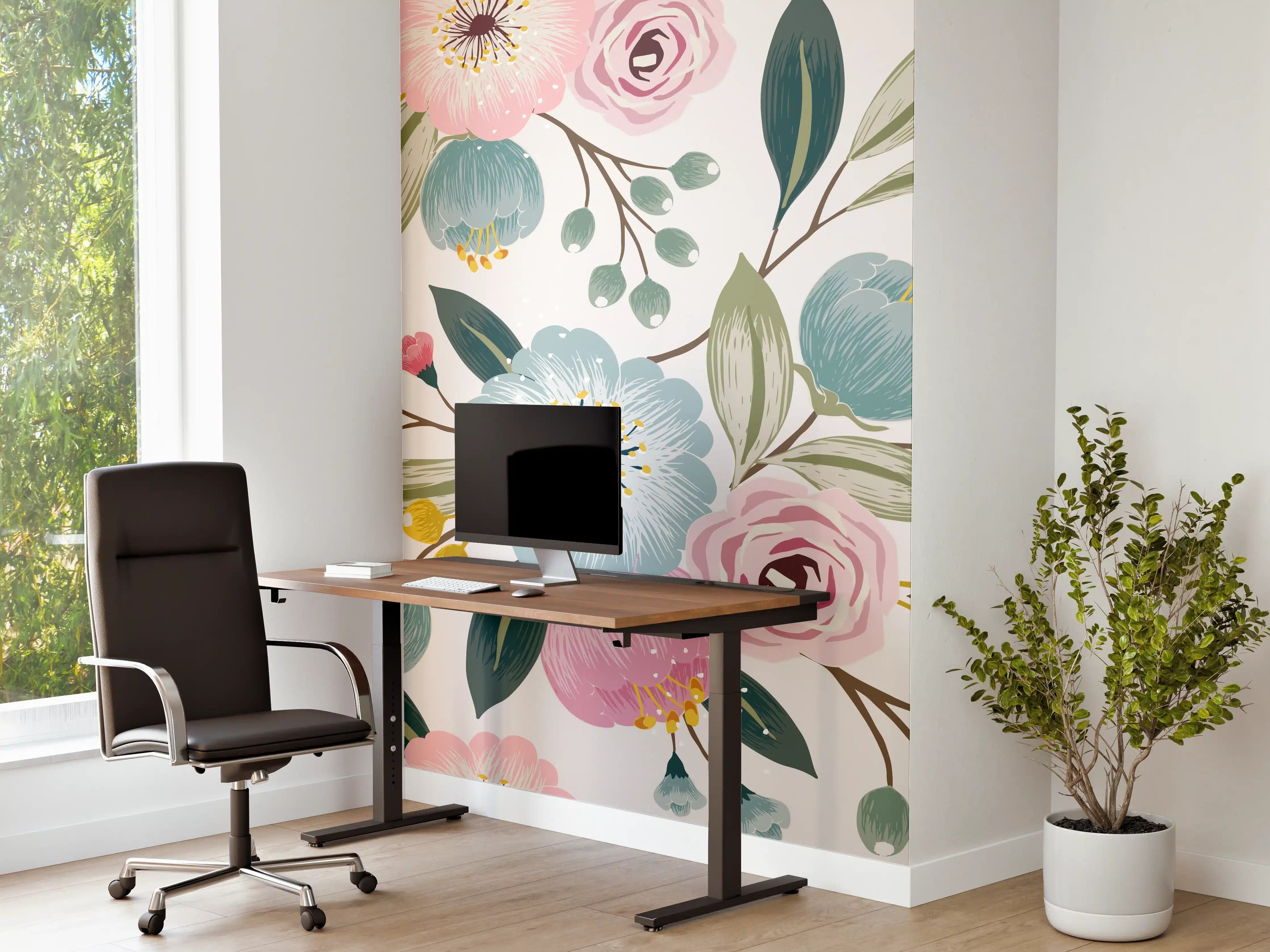 Büro Wandgestaltung - Rosa Blumenmuster Tapete