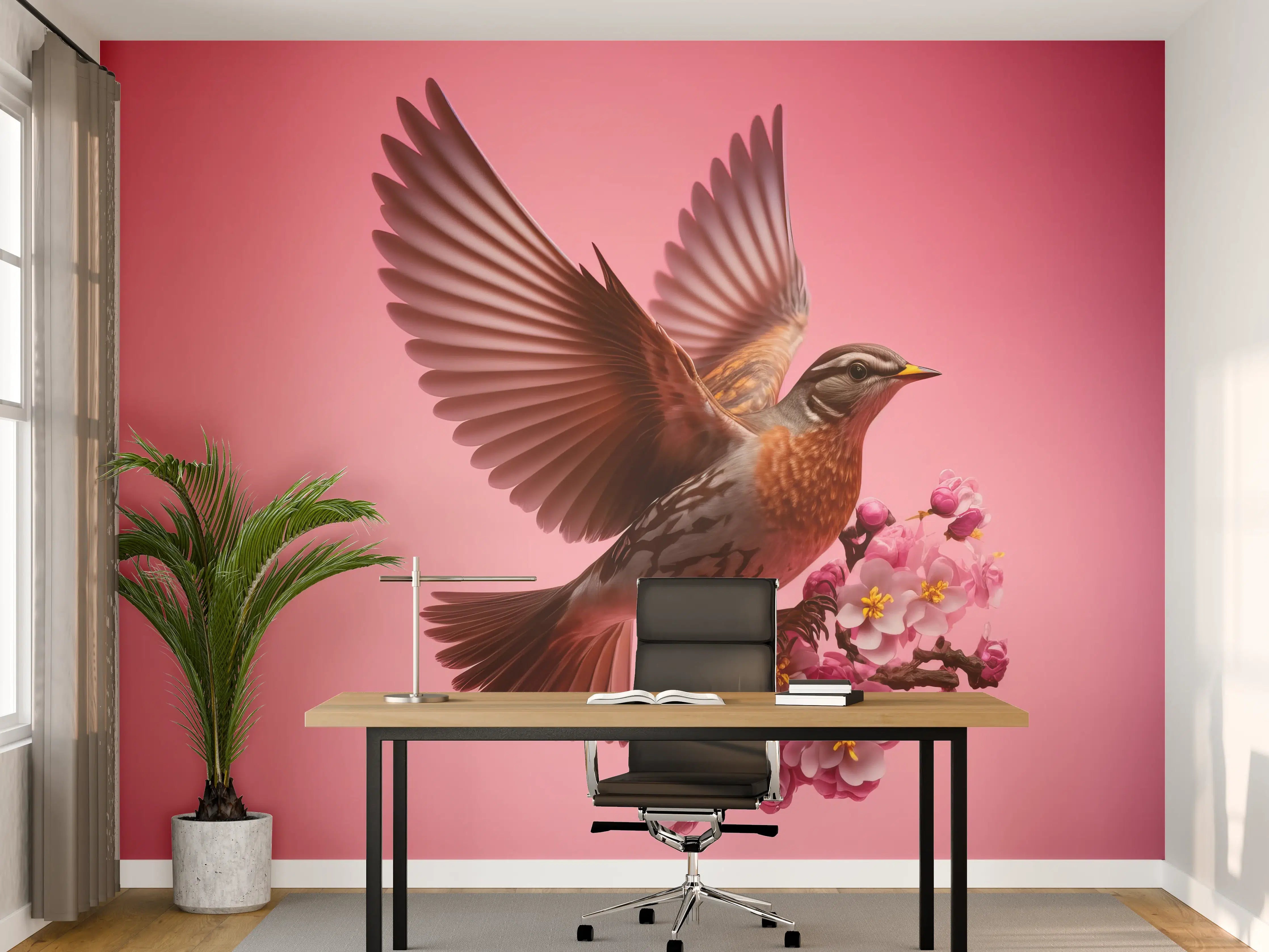 Büro Wandgestaltung - Rosa Kirschblüten Vogelflug