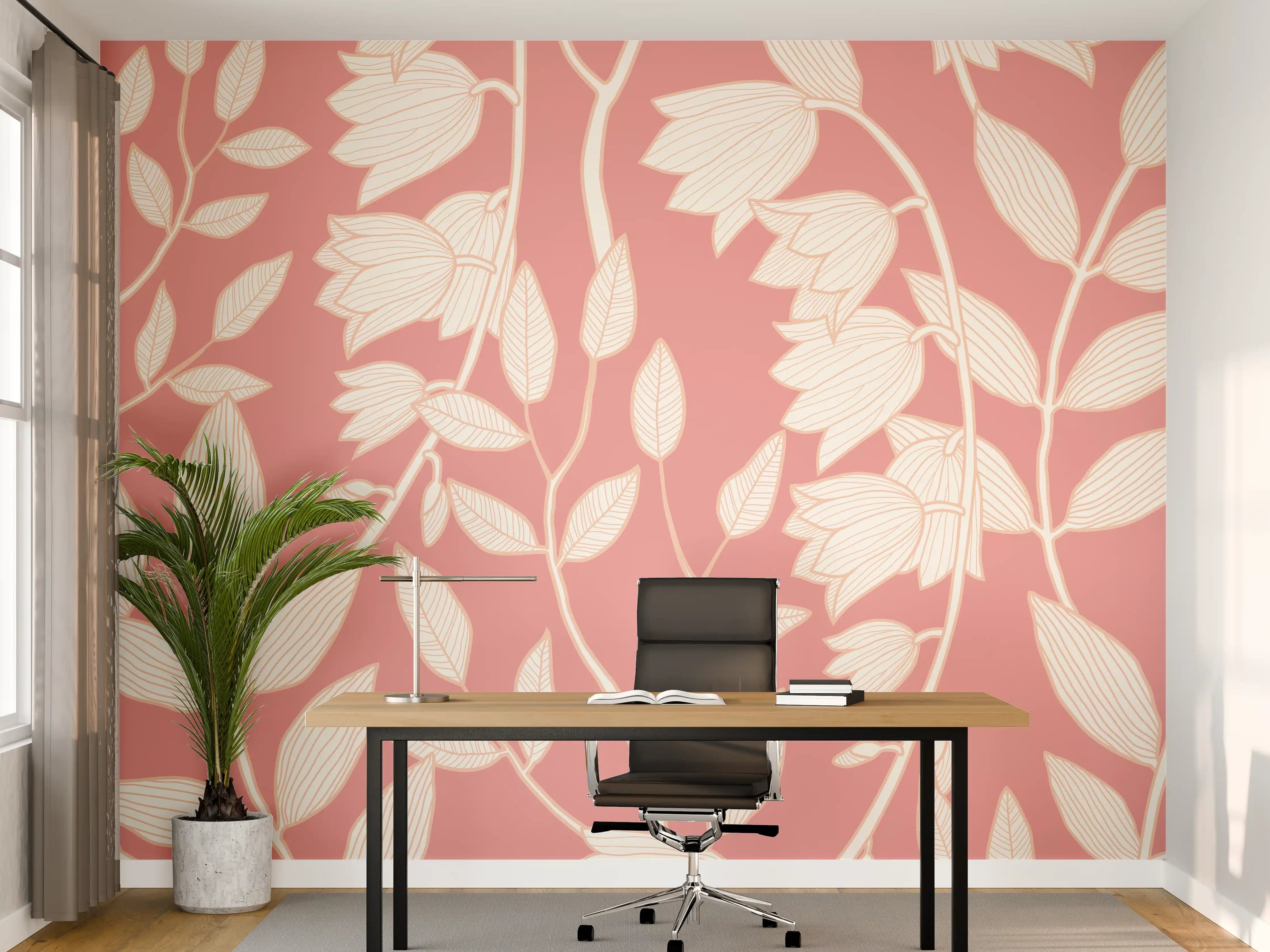 Büro Wandgestaltung - Rosafarbenes Blattmuster Tapetendesign