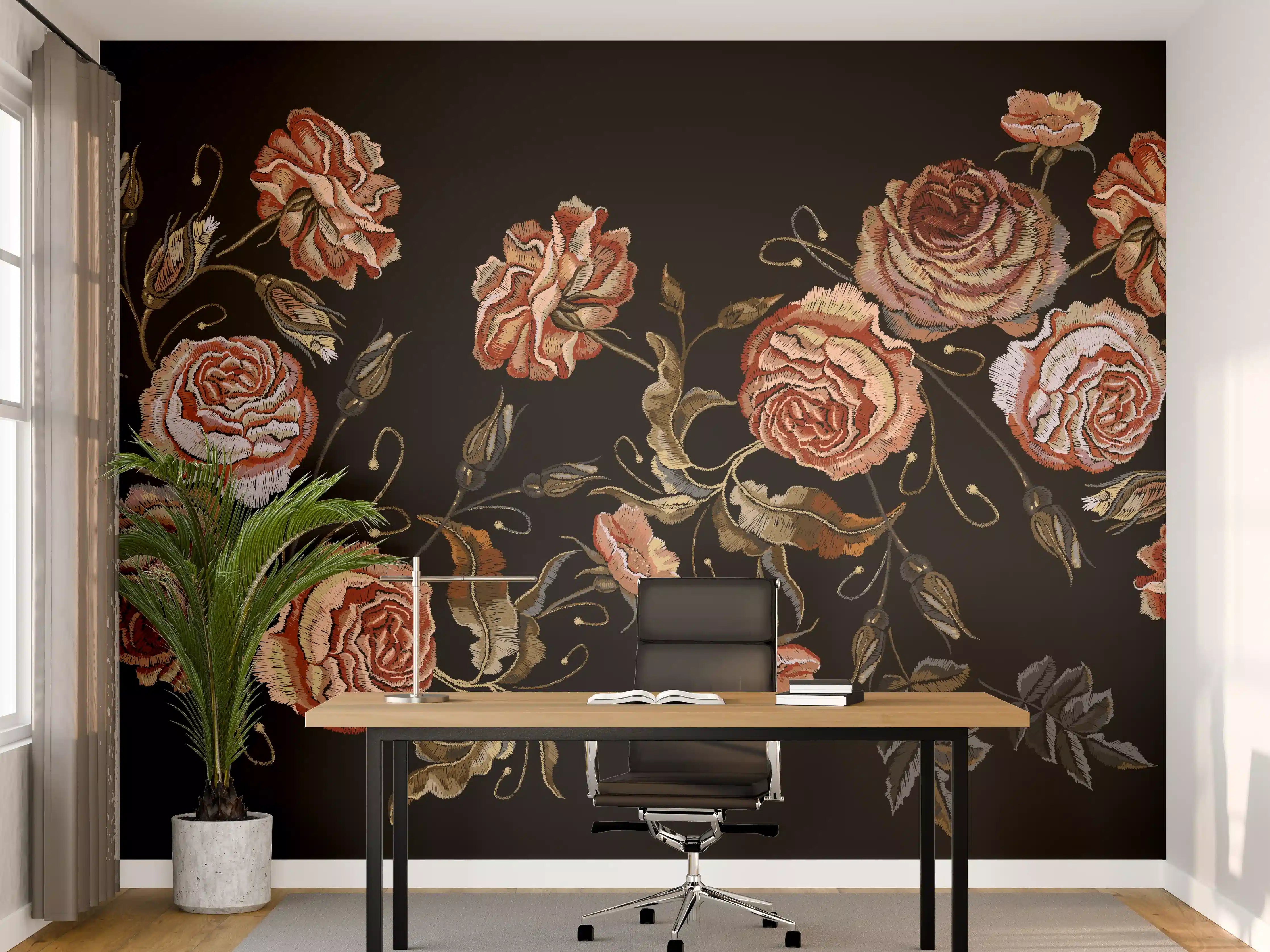 Büro Wandgestaltung - Rosenstickerei Renaissance Schwarz