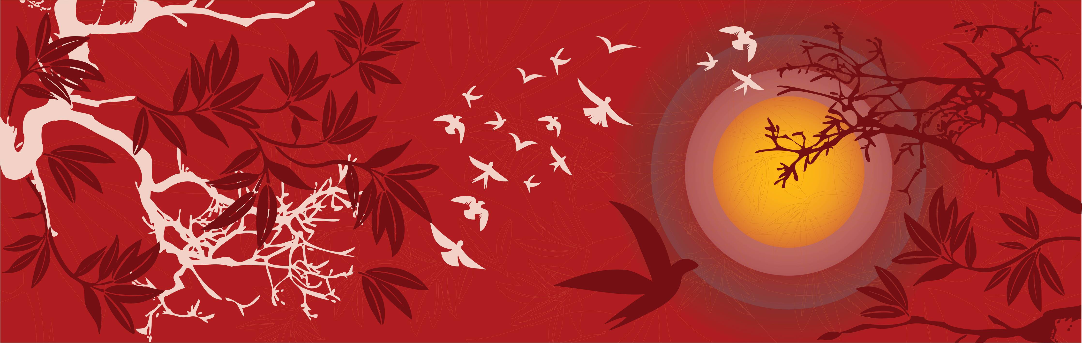 Büro Wandgestaltung-Rote Abendstimmung Vögel Silhouetten