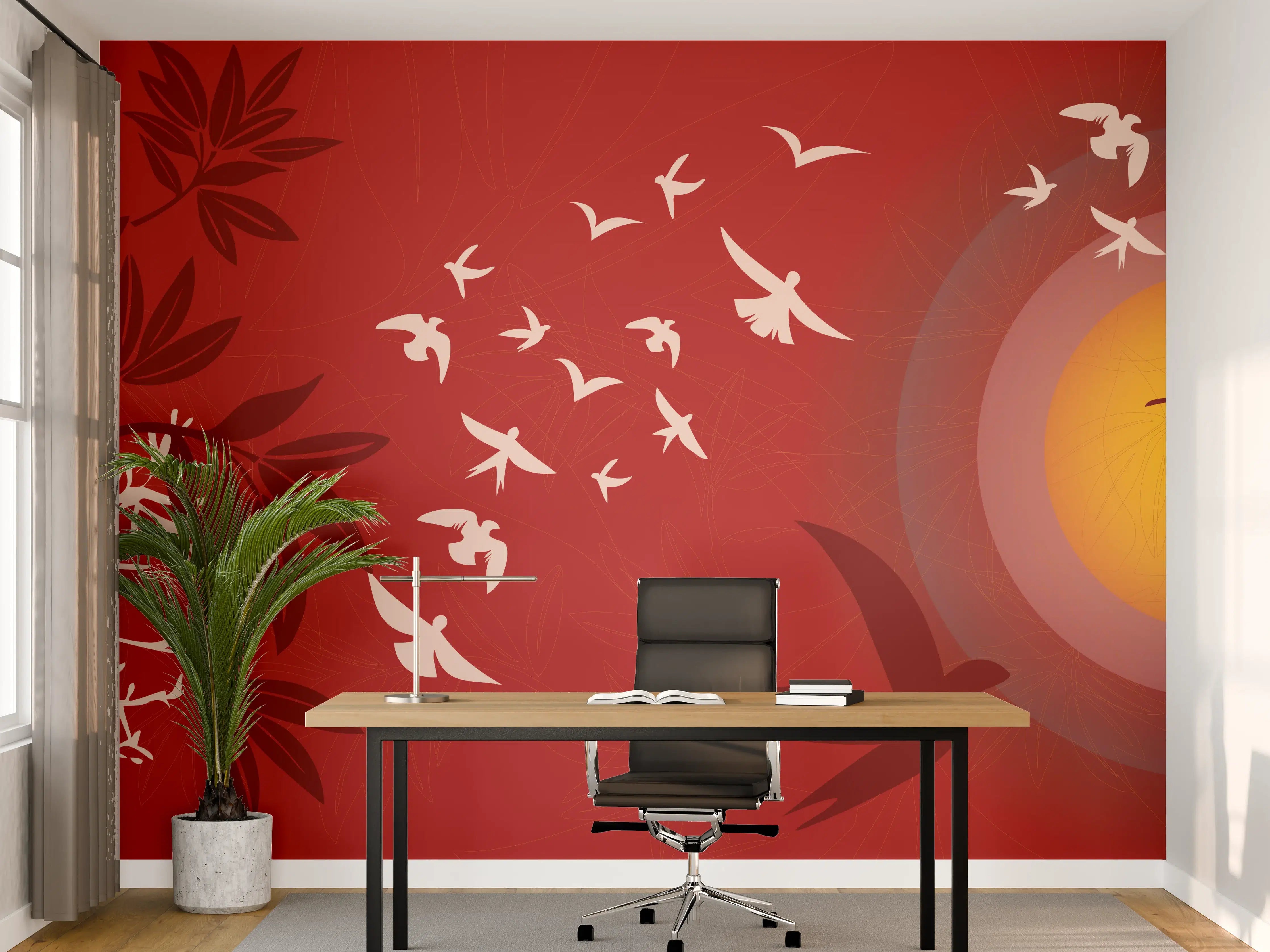 Büro Wandgestaltung - Rote Abendstimmung Vögel Silhouetten