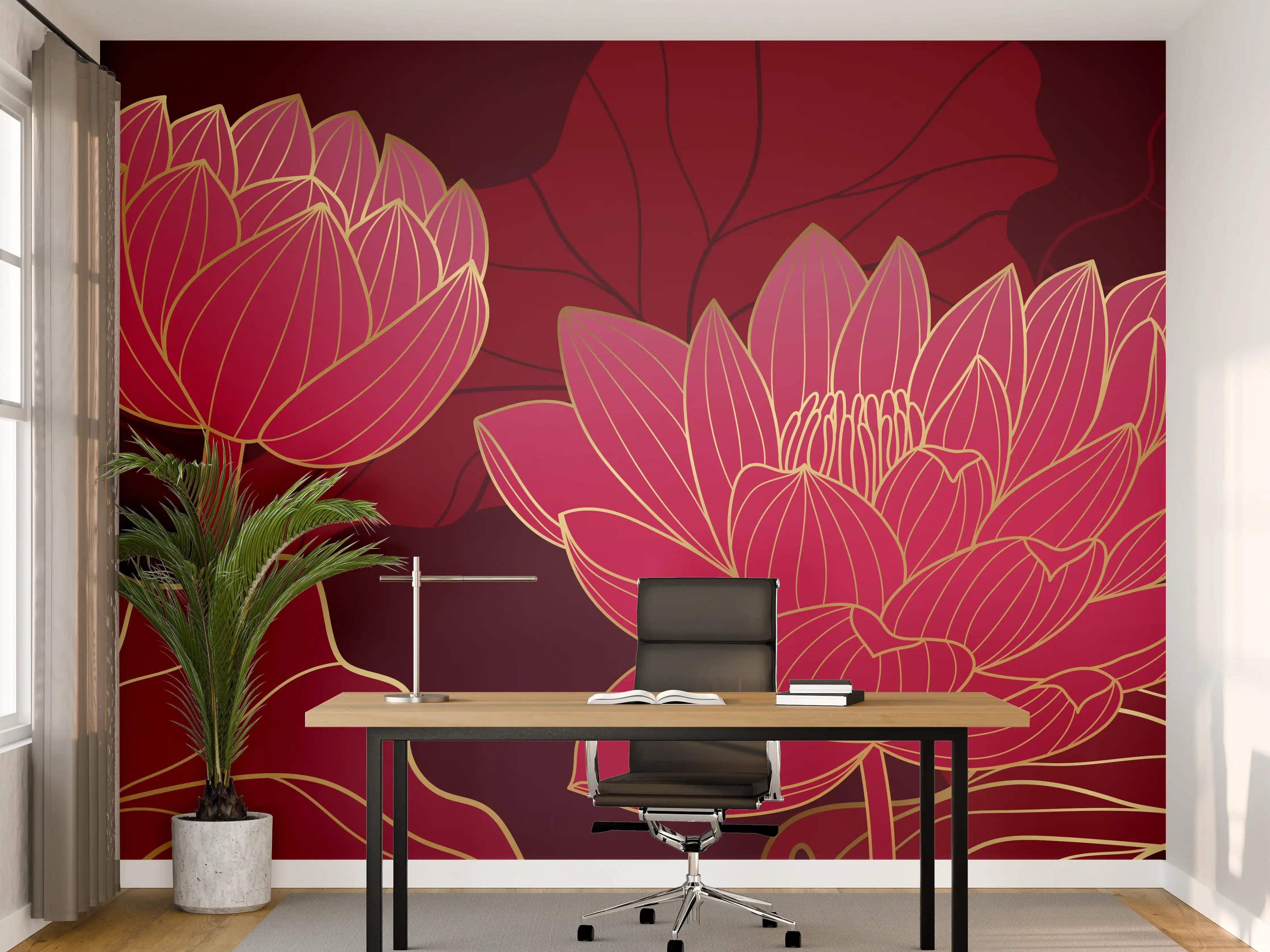 Büro Wandgestaltung - Rote Lotusblüten Lineart Design