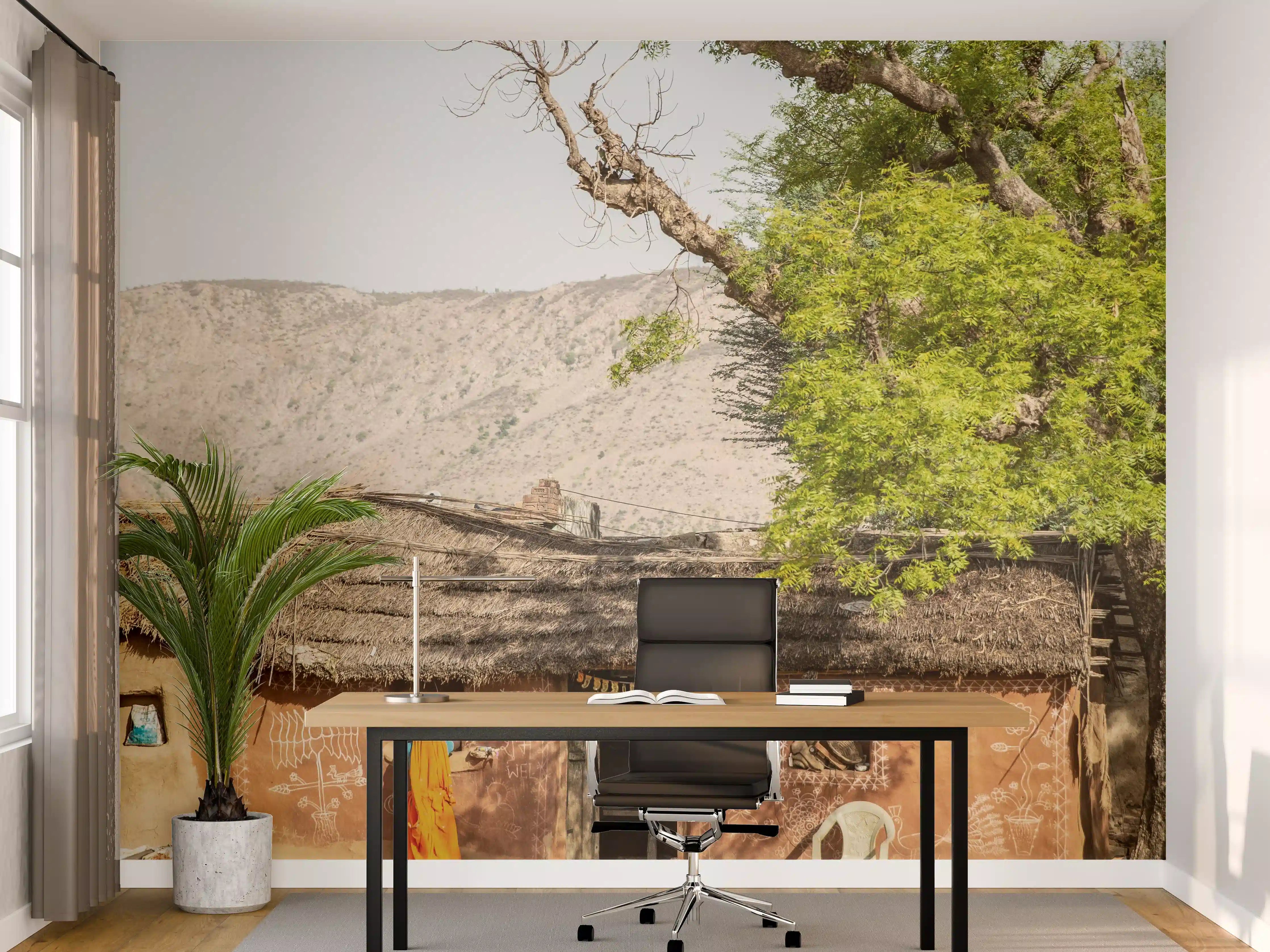 Büro Wandgestaltung - Rustikale Dorflandschaft mit Fahrrad
