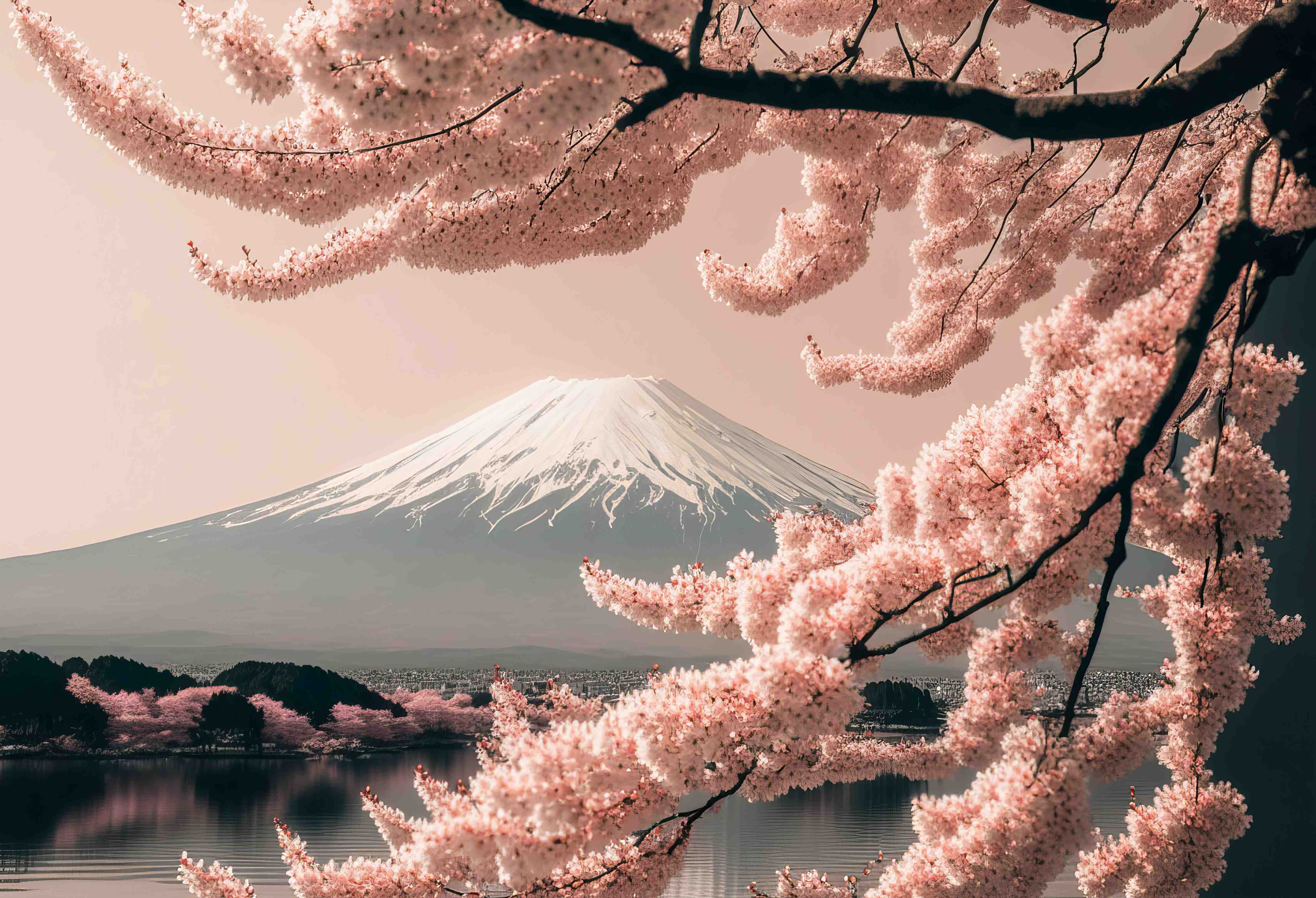 Büro Wandgestaltung-Sakura Baum mit Fuji Berg im Hintergrund