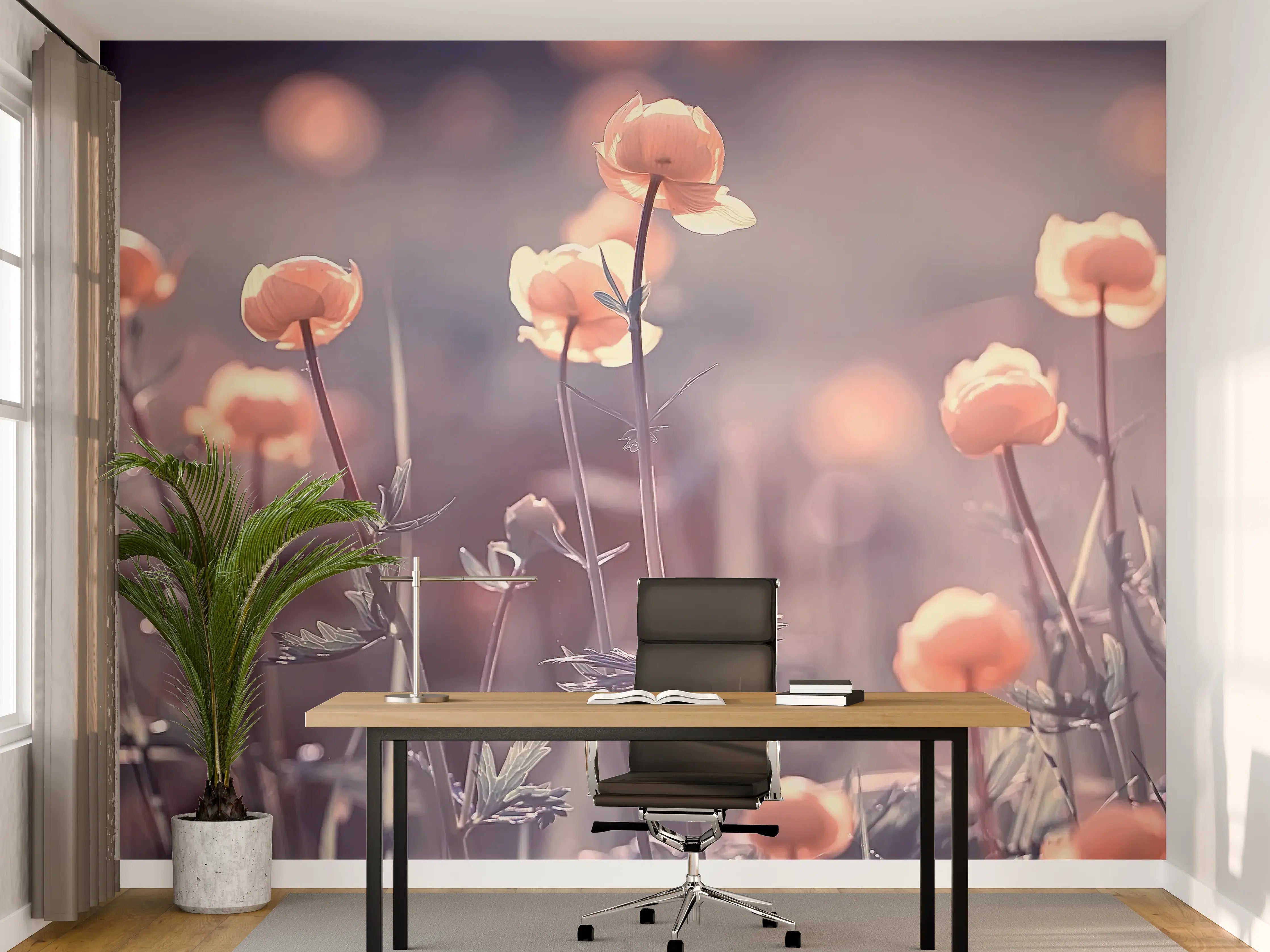 Büro Wandgestaltung - Sanfte Peachfarbene Blumen in Blumenwiese