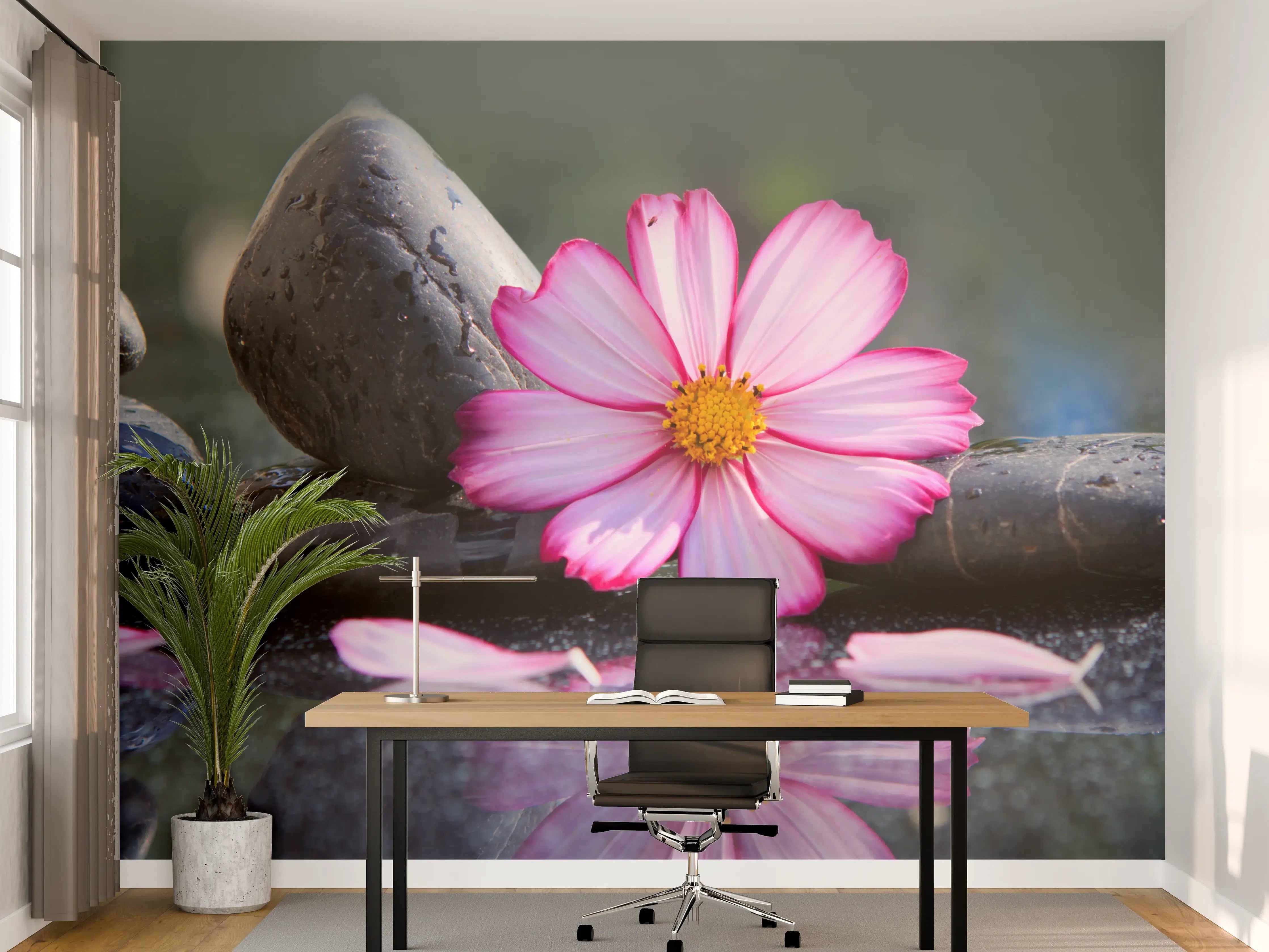 Büro Wandgestaltung - Sanfte Steine und Blume im Wasserreflex
