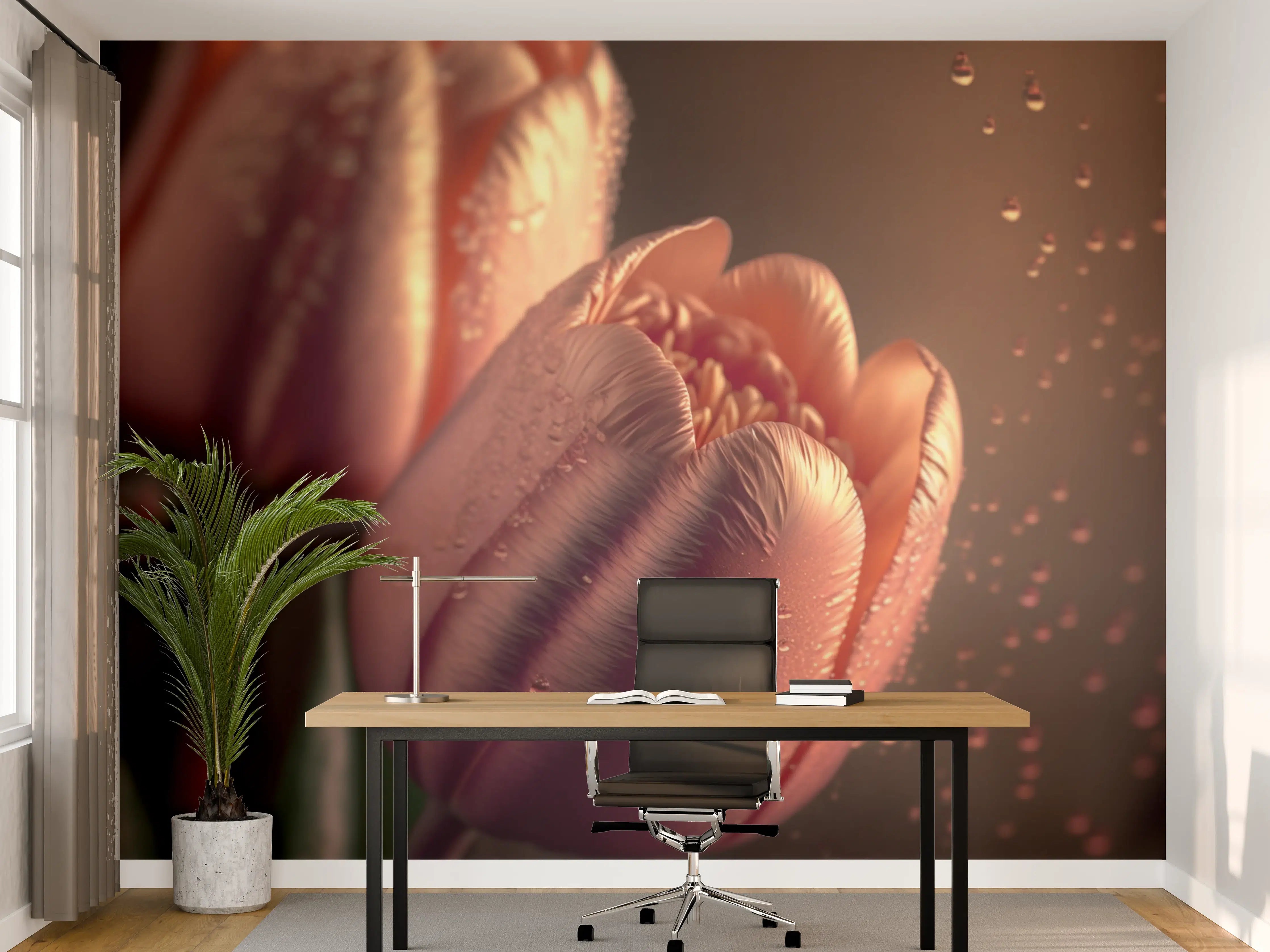 Büro Wandgestaltung - Sanfte Tulpen im Sonnenlicht mit Wassertröpfchen