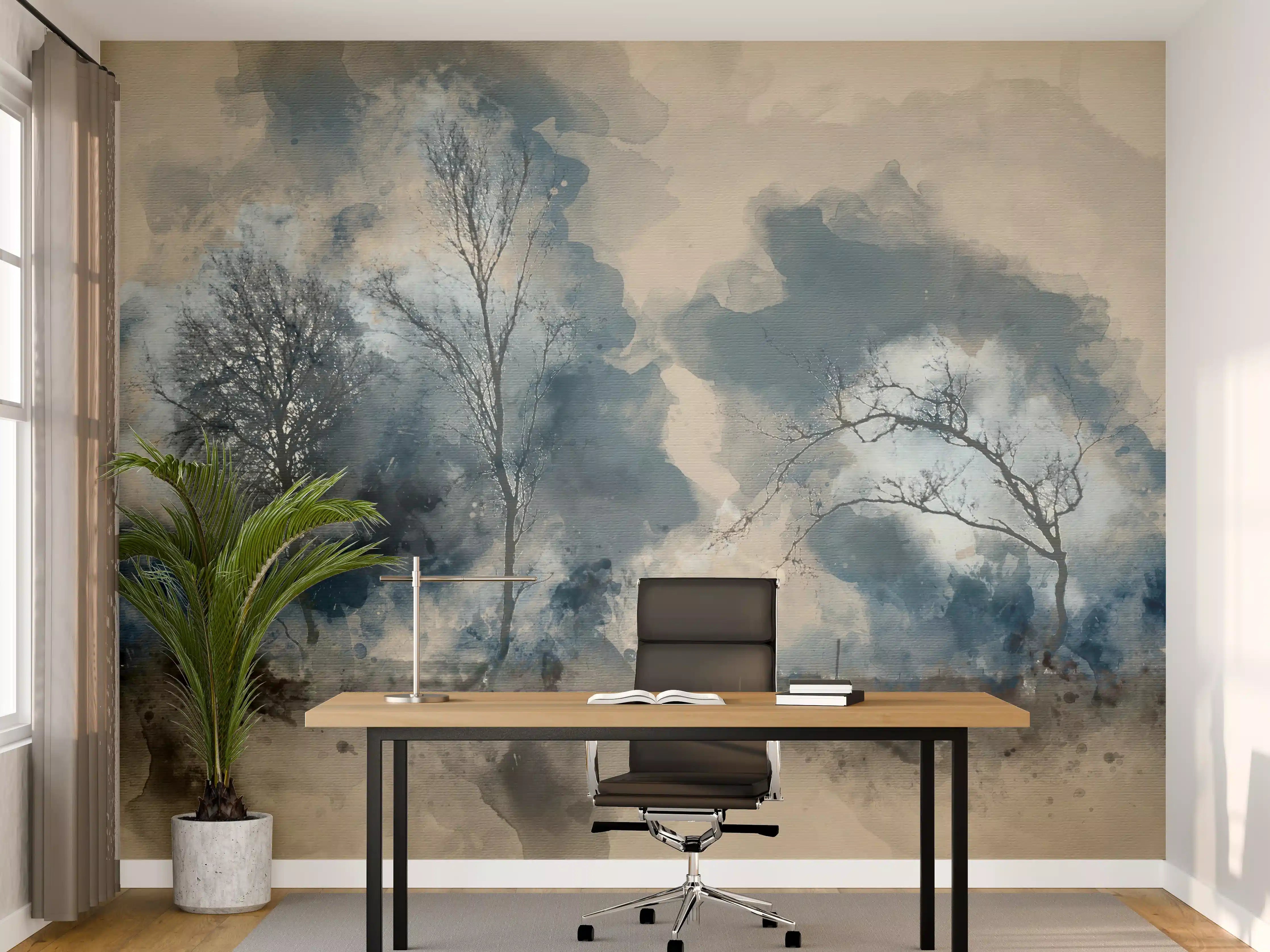 Büro Wandgestaltung - Sanfte Wasserfarben-Landschaft mit Birken