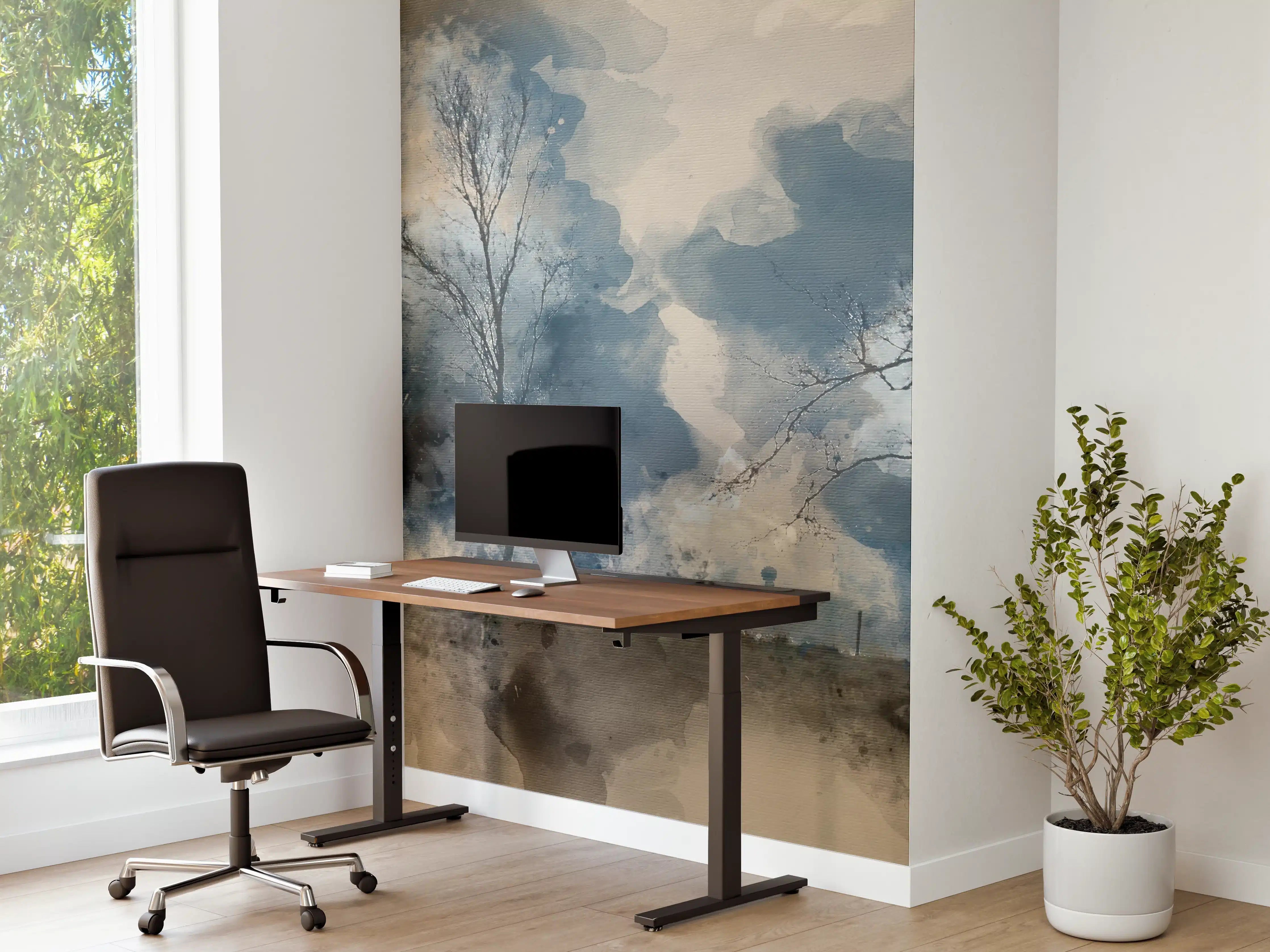 Büro Wandgestaltung - Sanfte Wasserfarben-Landschaft mit Birken