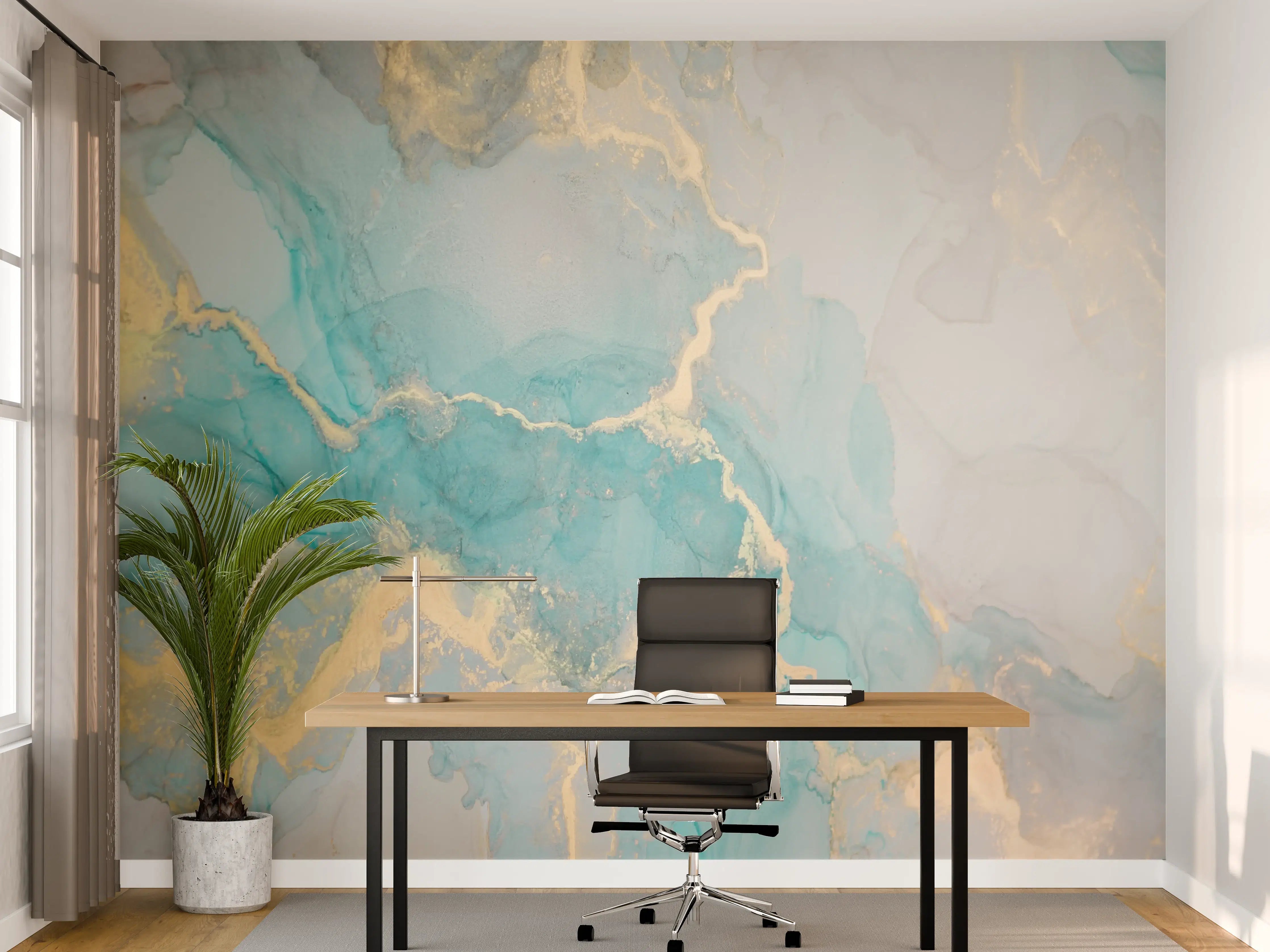 Büro Wandgestaltung - Sanfte Wasserfarbentöne mit Goldakzenten