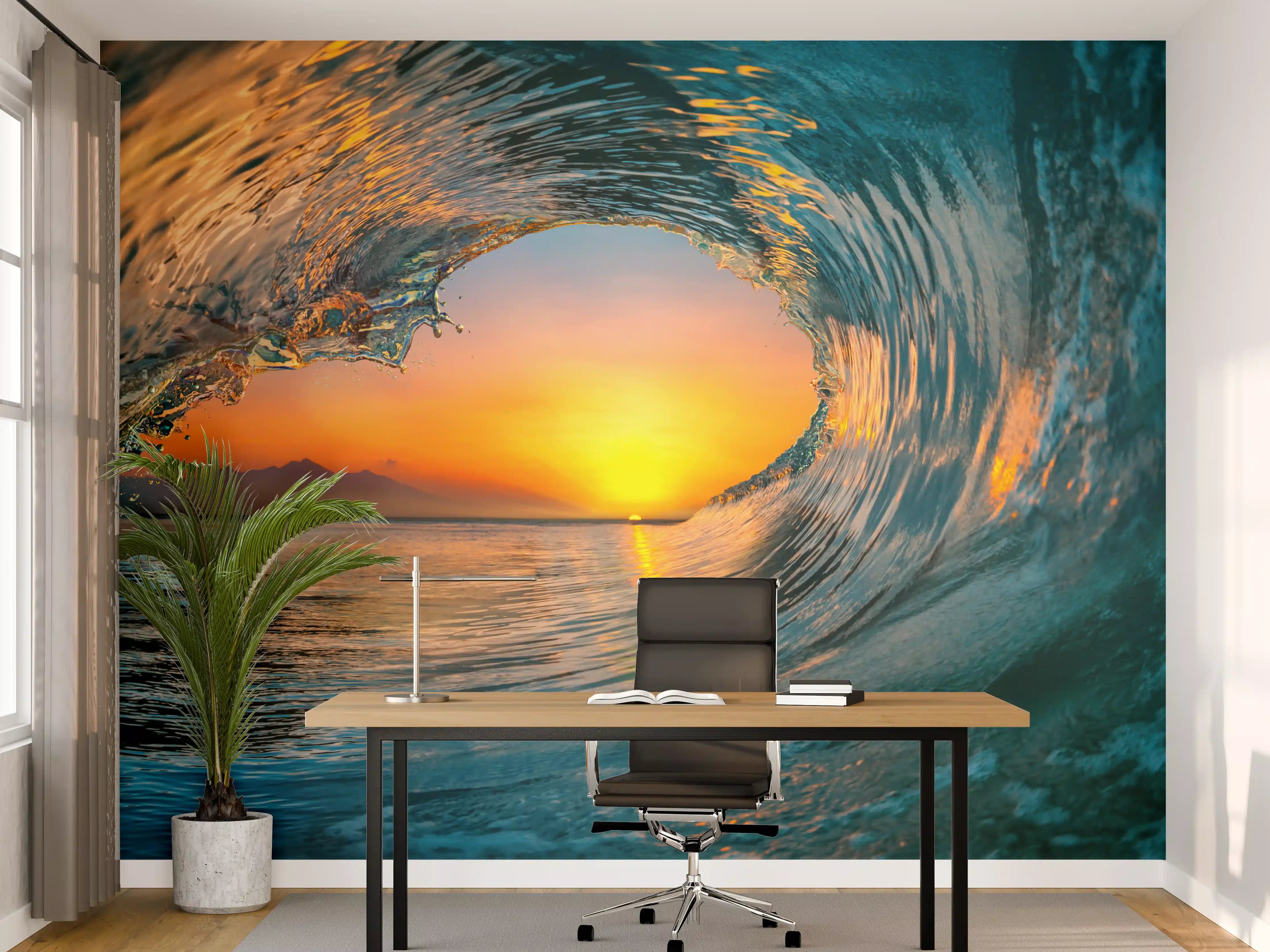 Büro Wandgestaltung - Sanfter Sonnenuntergang hinter Meereswelle