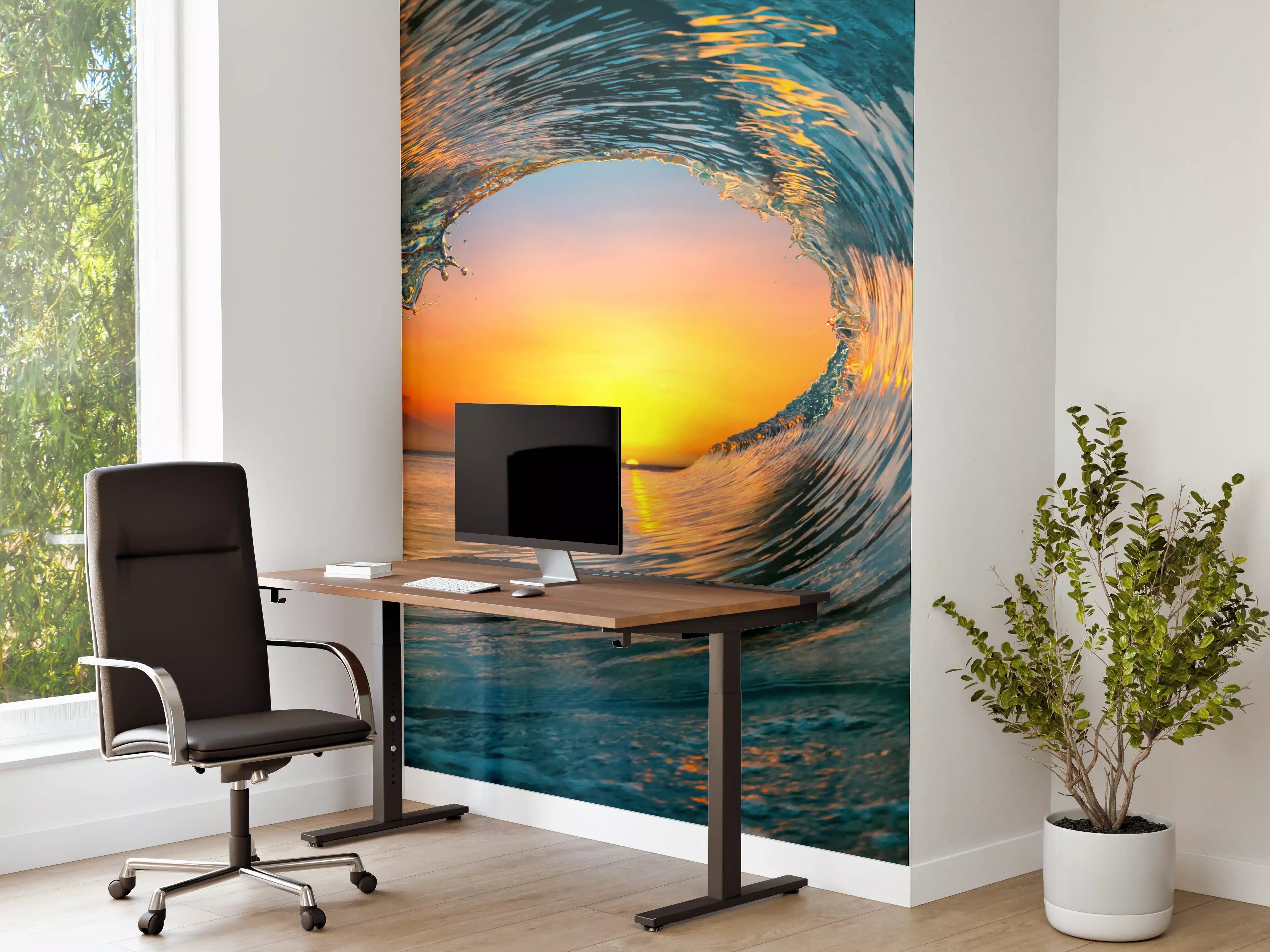 Büro Wandgestaltung - Sanfter Sonnenuntergang hinter Meereswelle