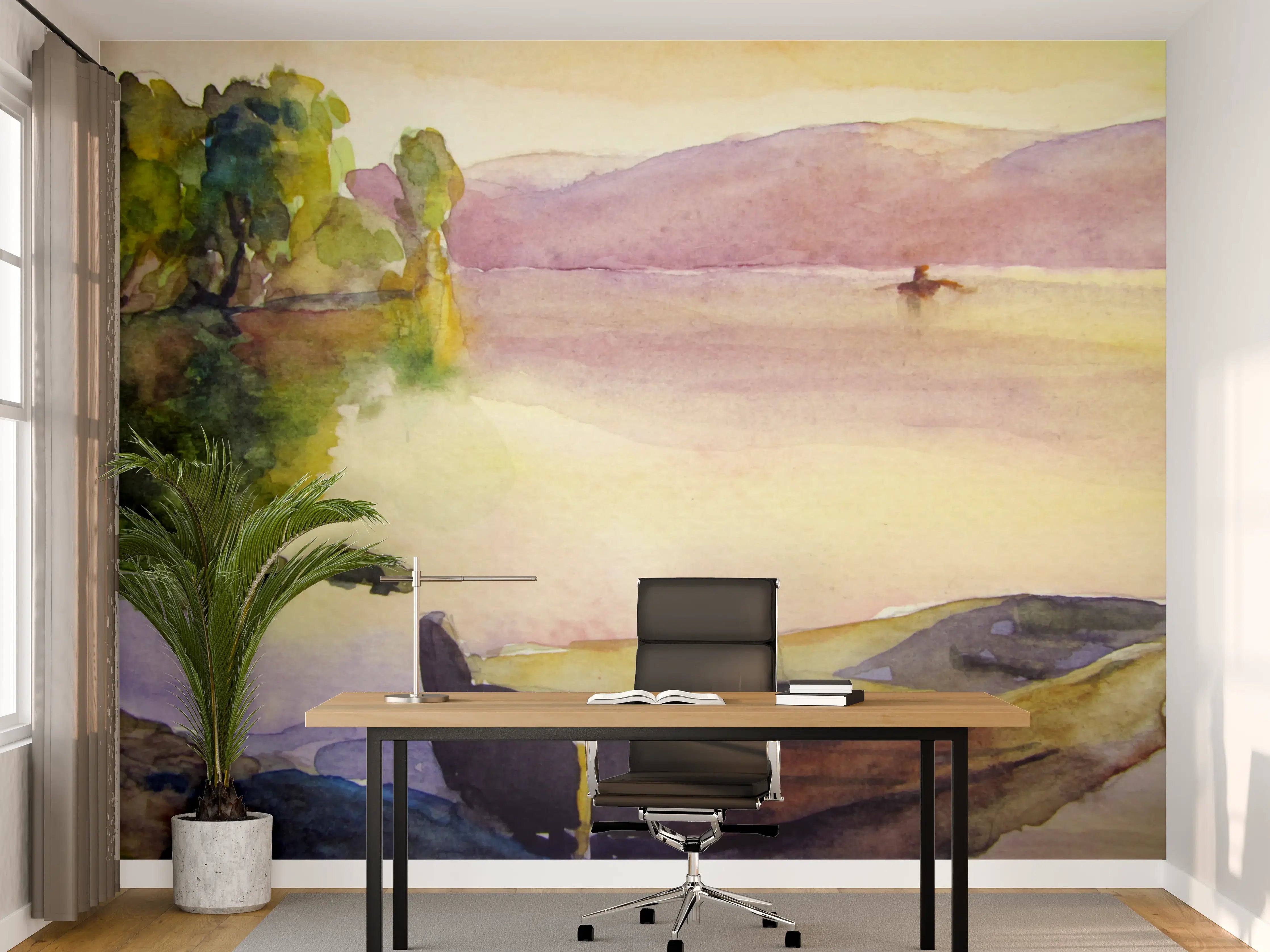 Büro Wandgestaltung - Sanfter Sonnenuntergang mit Boot am ruhigen See