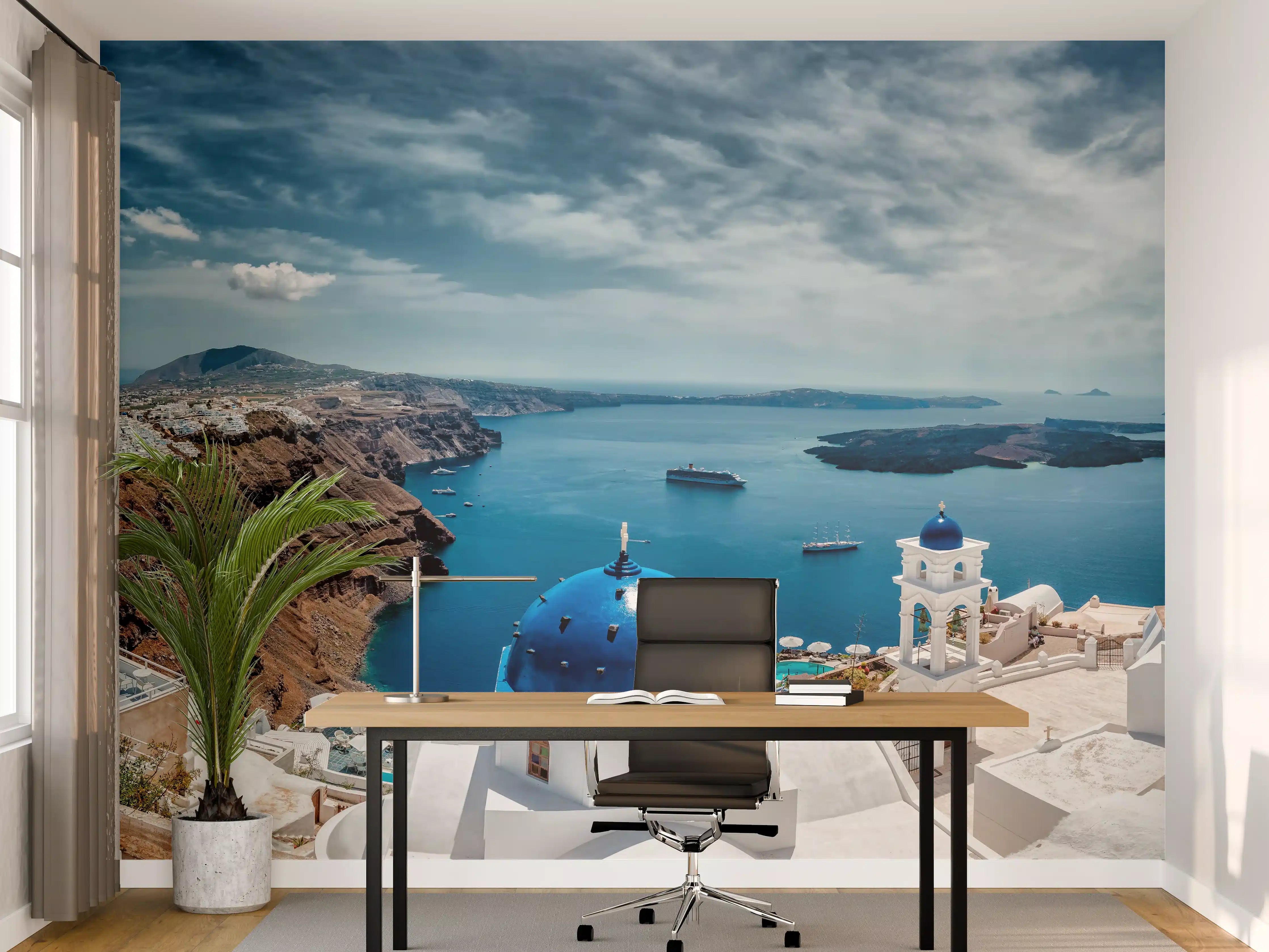 Büro Wandgestaltung - Santorini Blau-Weiß Panoramablick