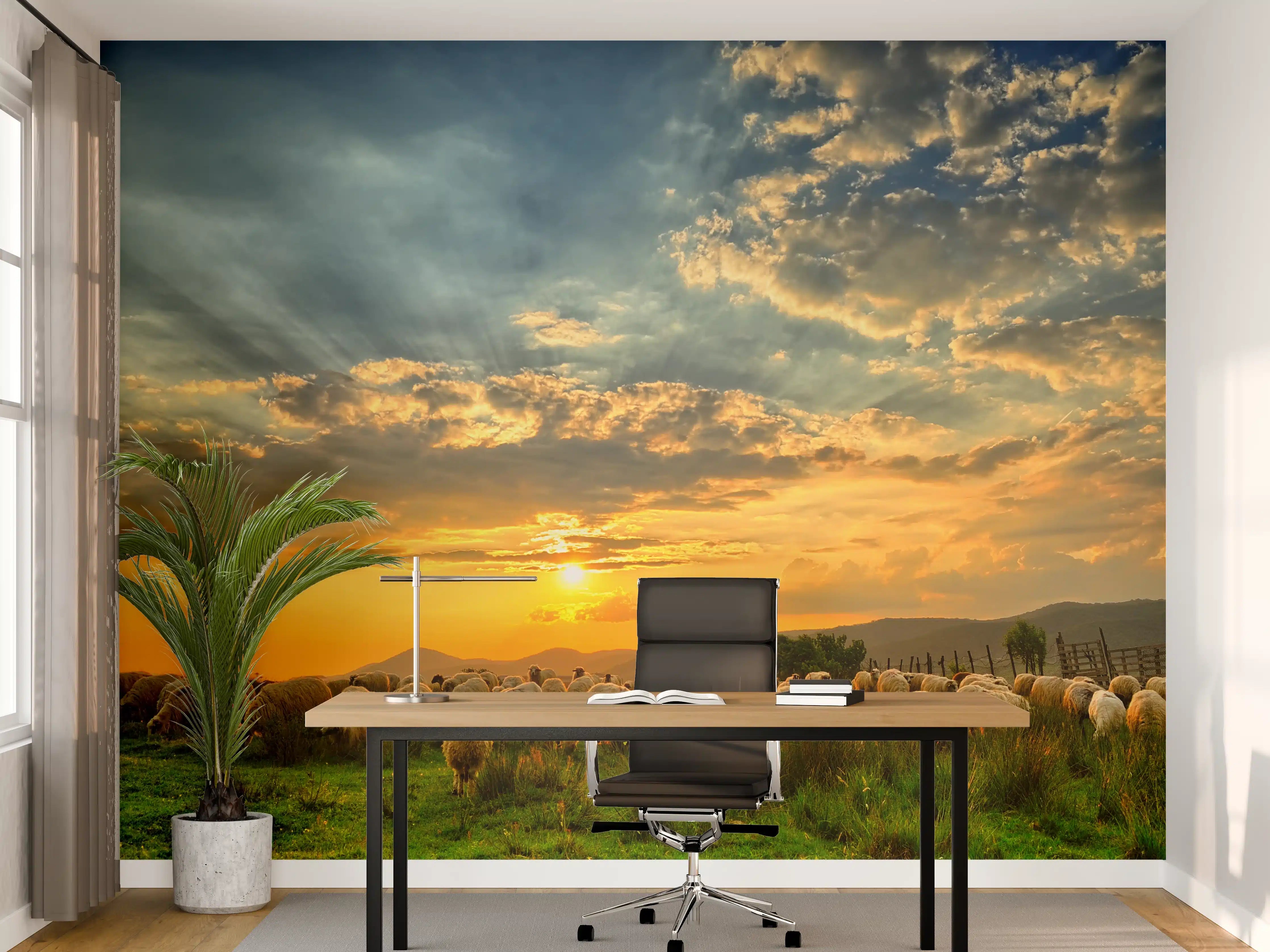 Büro Wandgestaltung - Schafsherde bei Sonnenuntergang