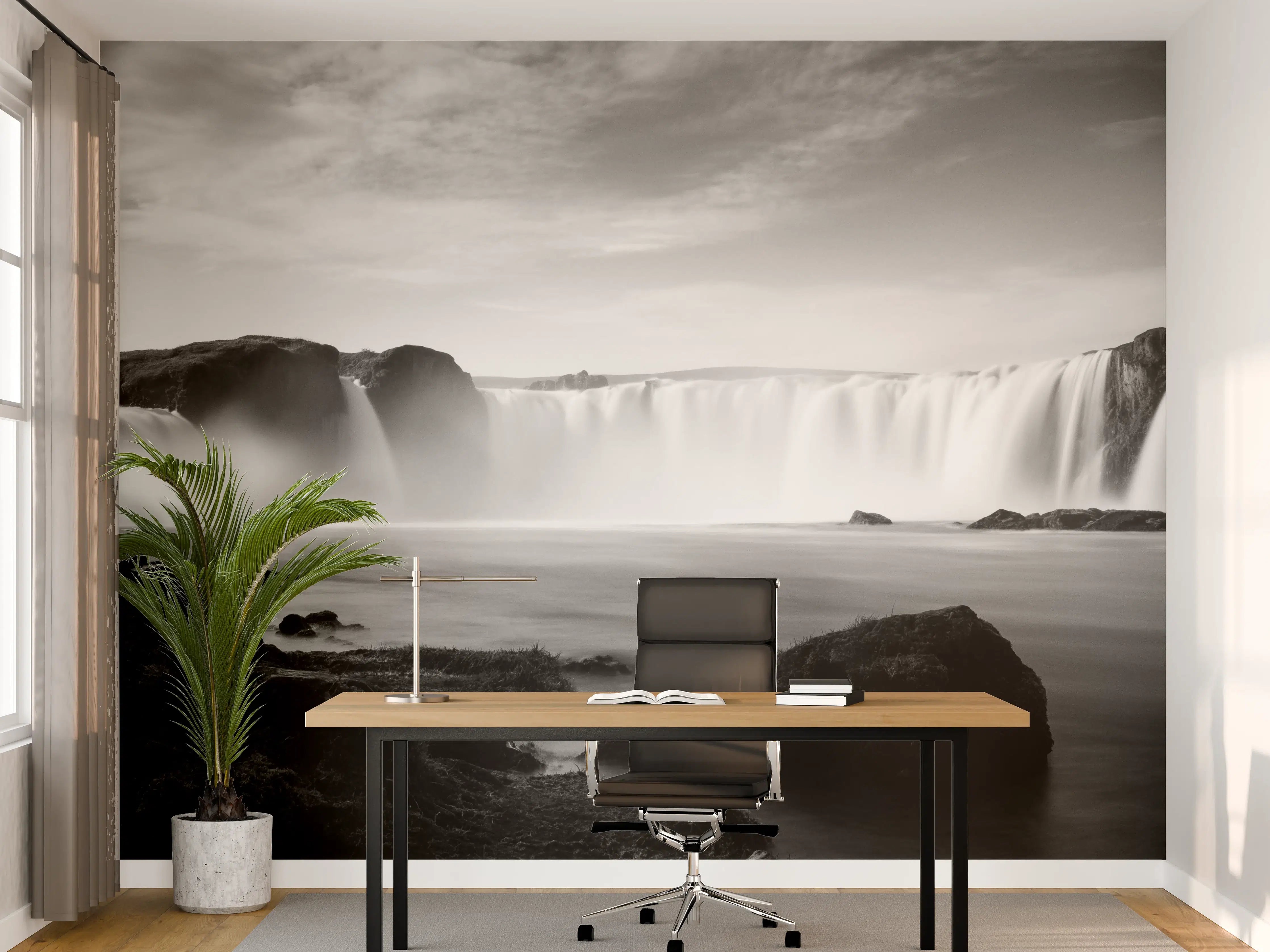 Büro Wandgestaltung - Schwarz-Weiß-Wasserfall mit dramatischem Himmel