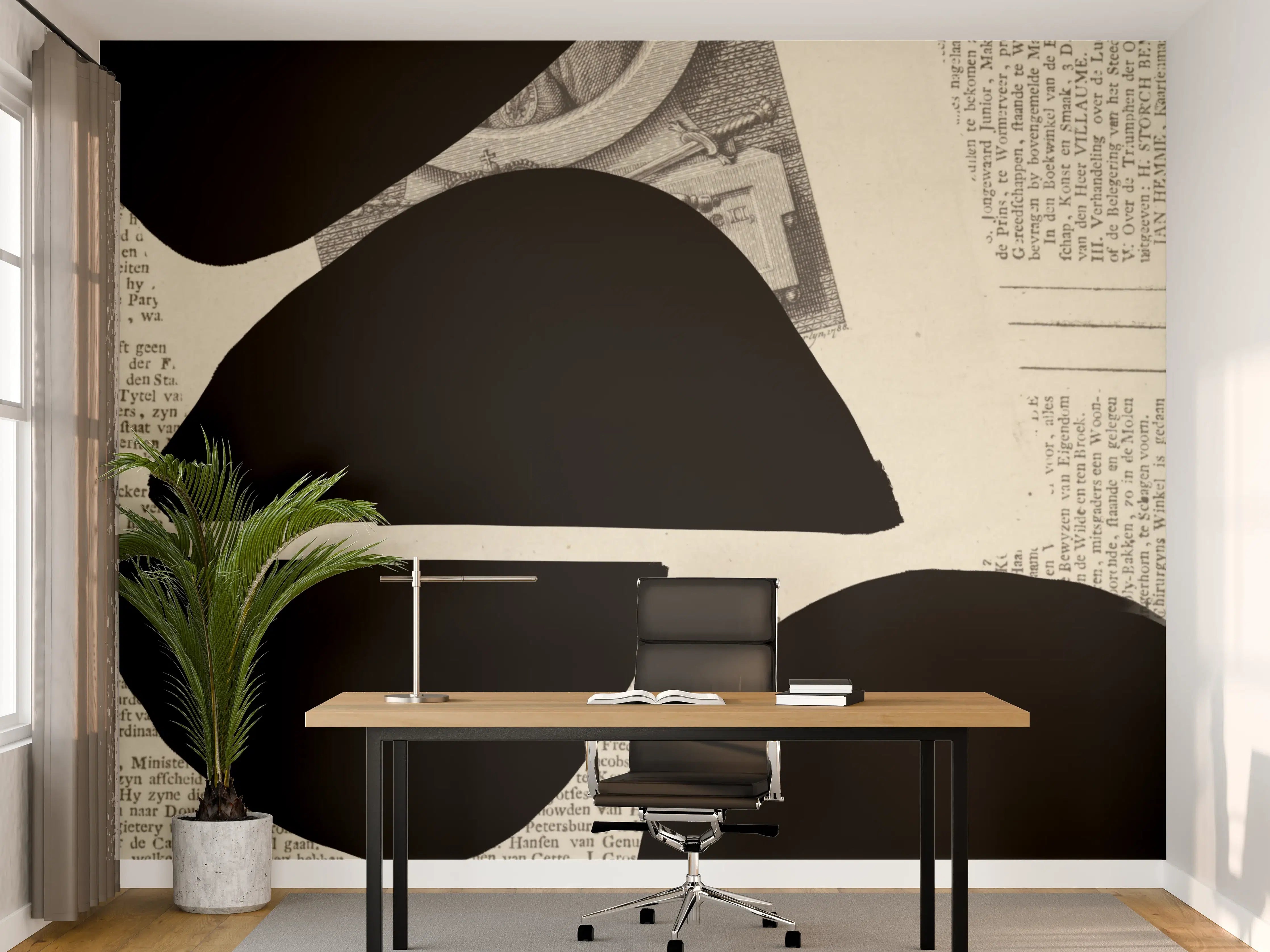 Büro Wandgestaltung - Schwarz-Weiße Collage mit Zeitungstexten und abstrakten Formen