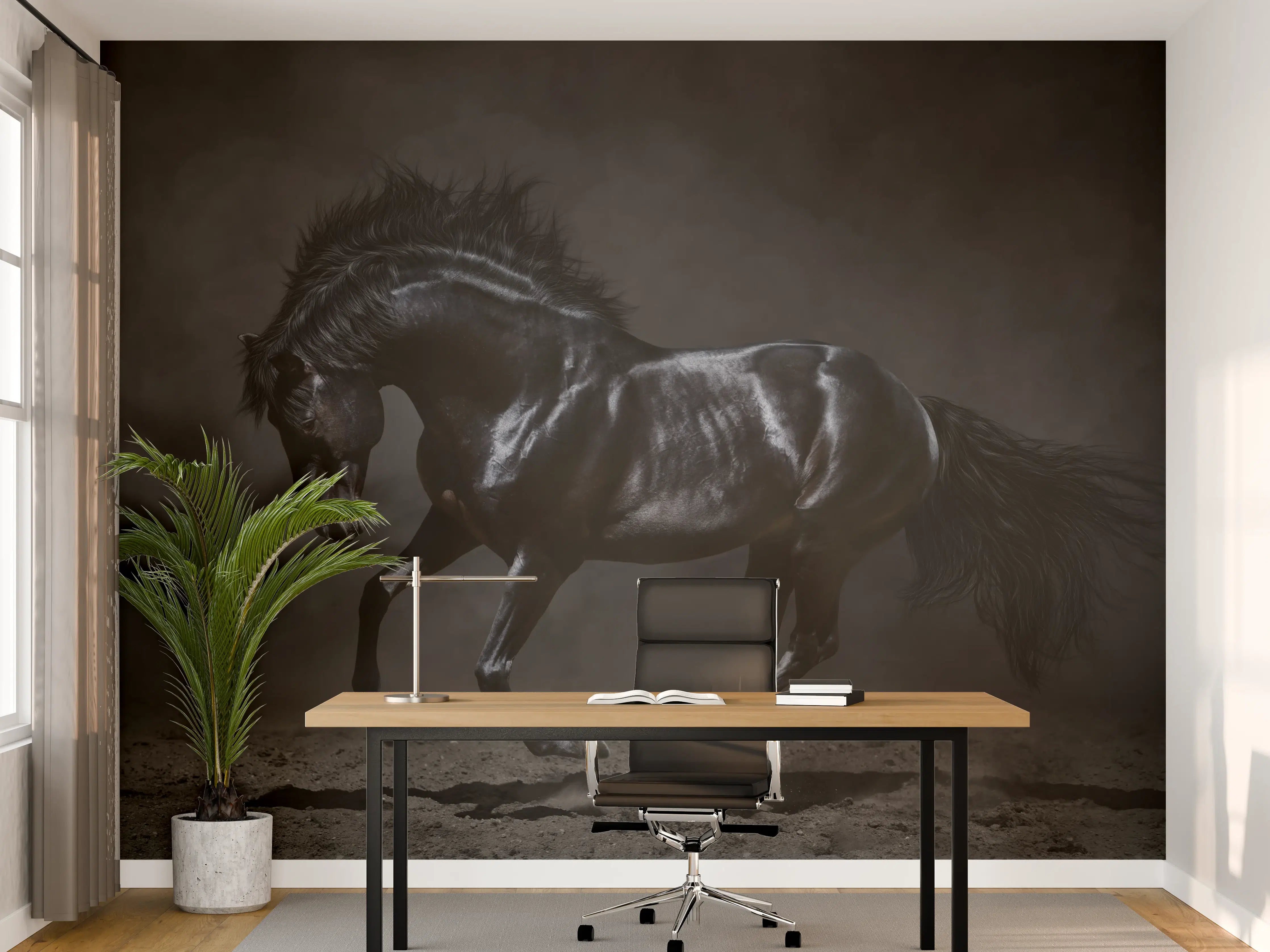 Büro Wandgestaltung - Schwarzer Hengst auf dunklem Hintergrund