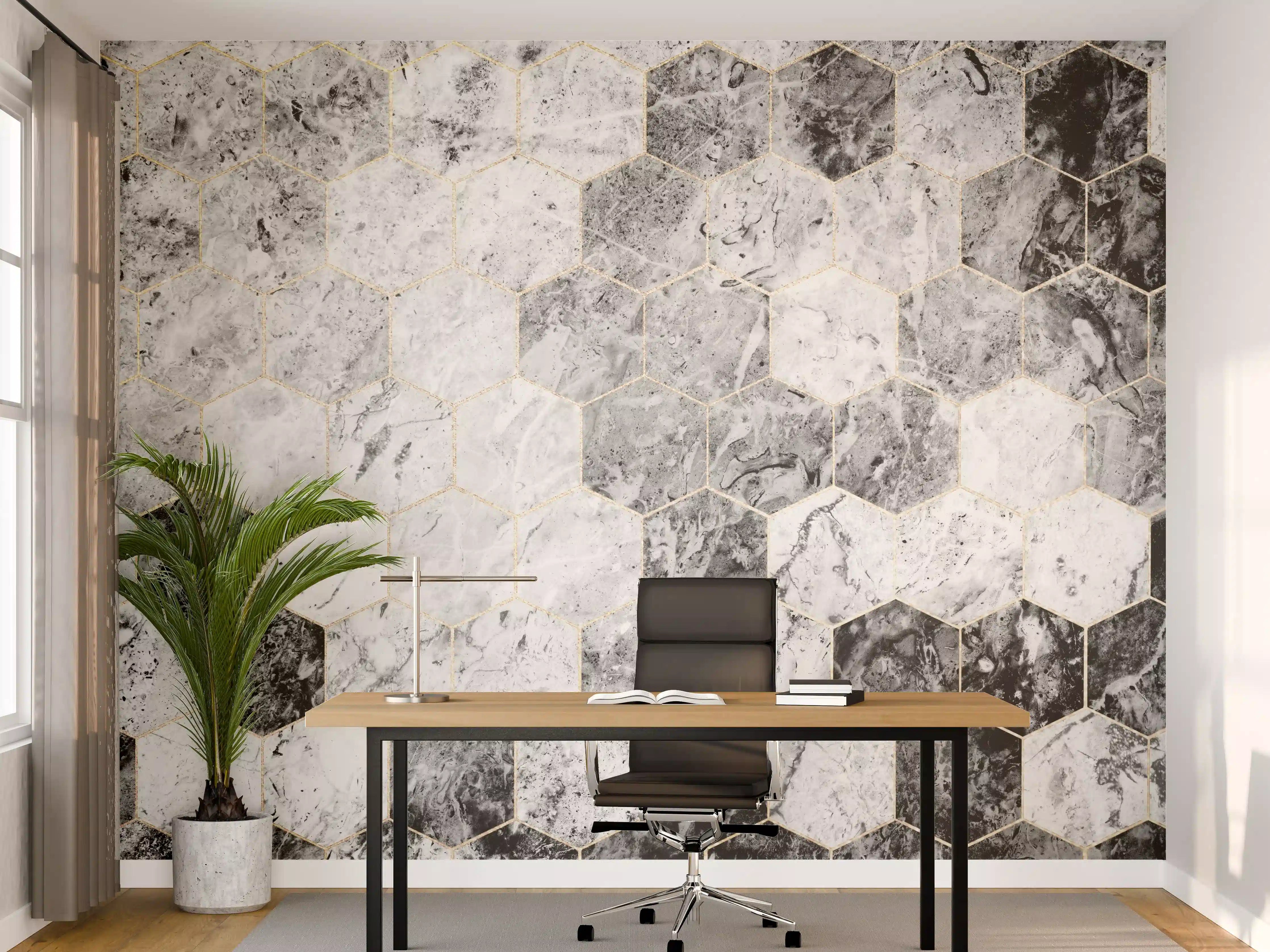 Büro Wandgestaltung - Sechseckiger gräulicher Marmor mit Goldumrandung