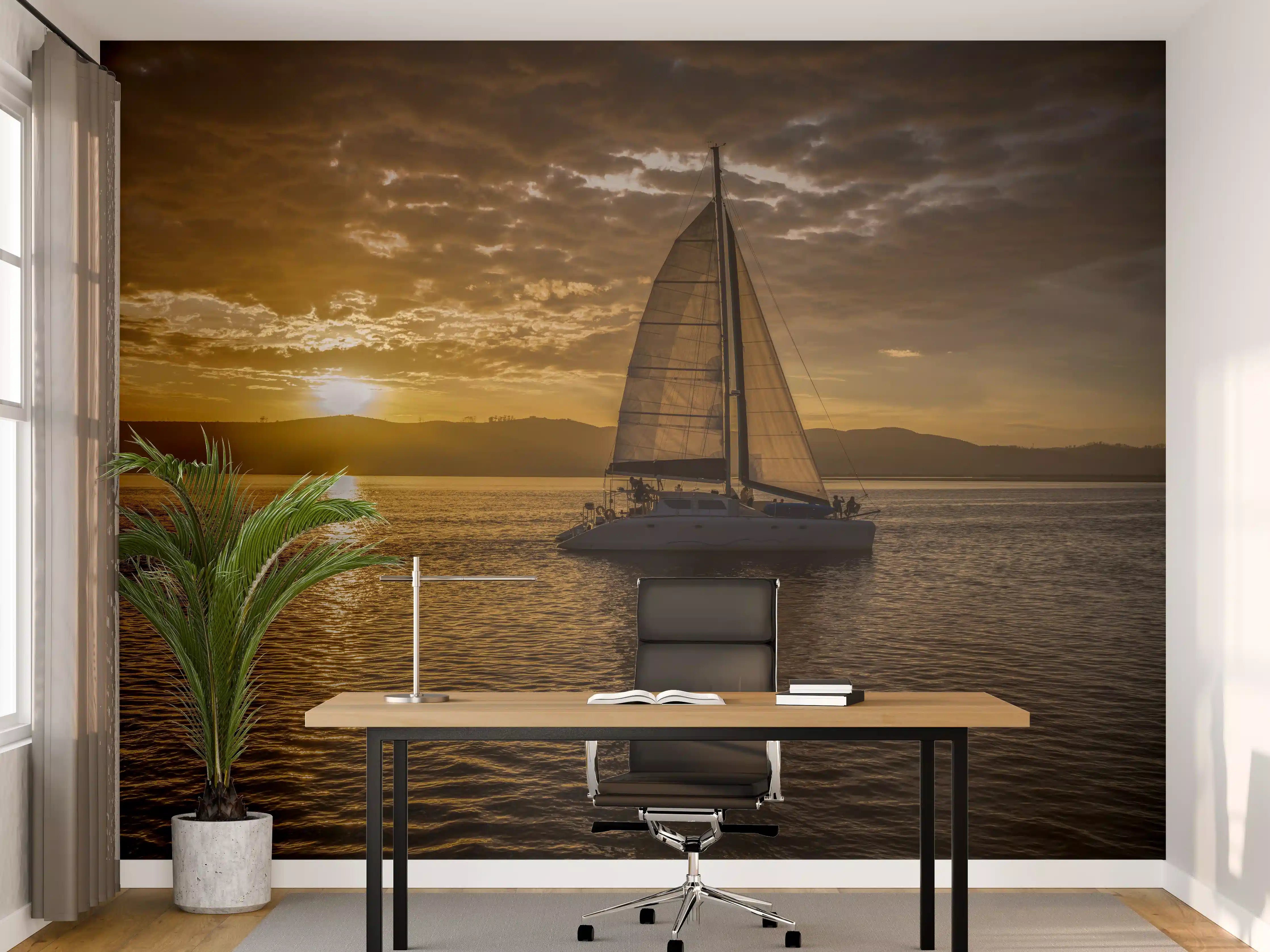 Büro Wandgestaltung - Segelboot bei Sonnenuntergang in der Lagune von Knysna