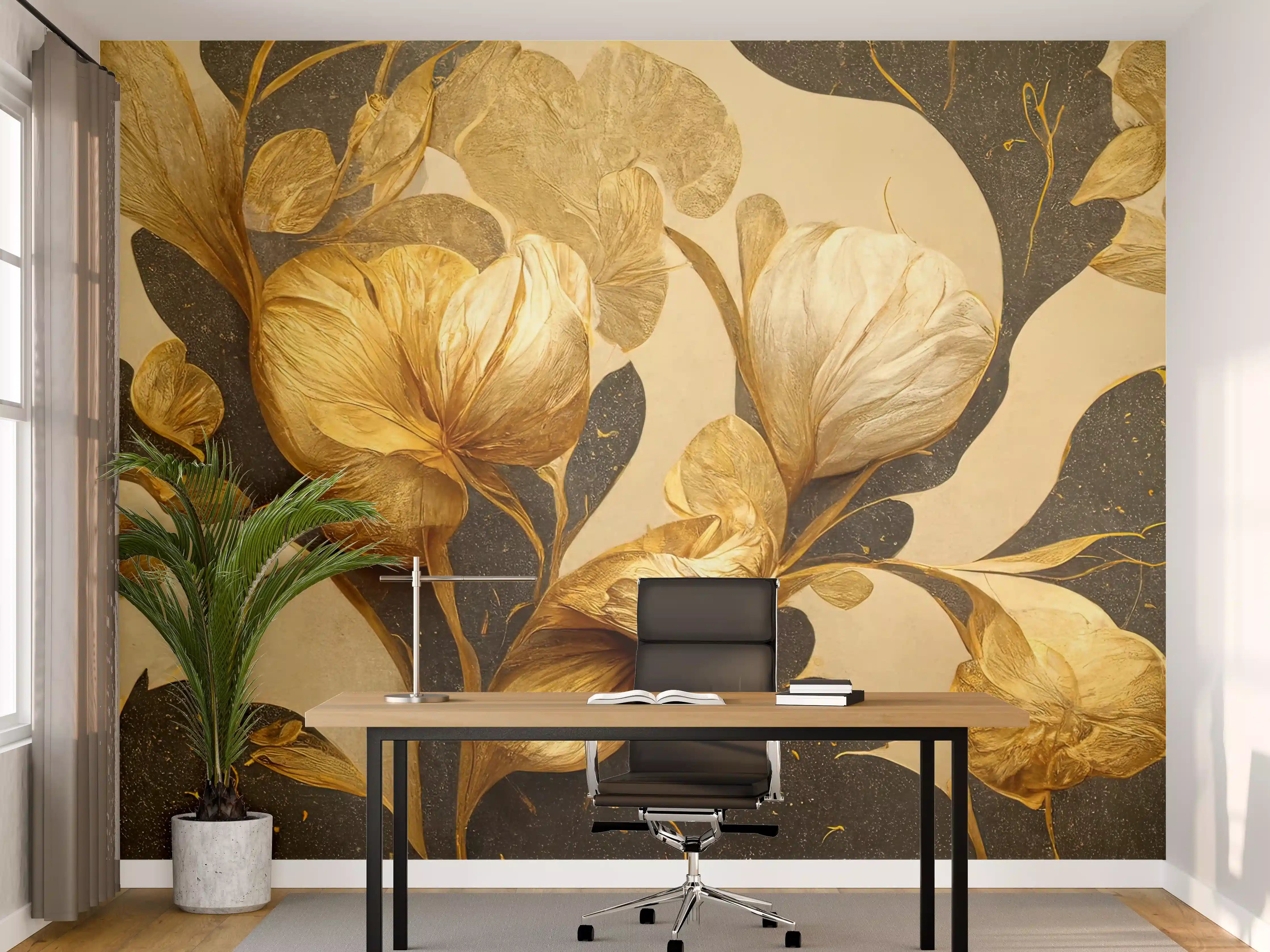 Büro Wandgestaltung - Silberne Blüten vor mattem Grau