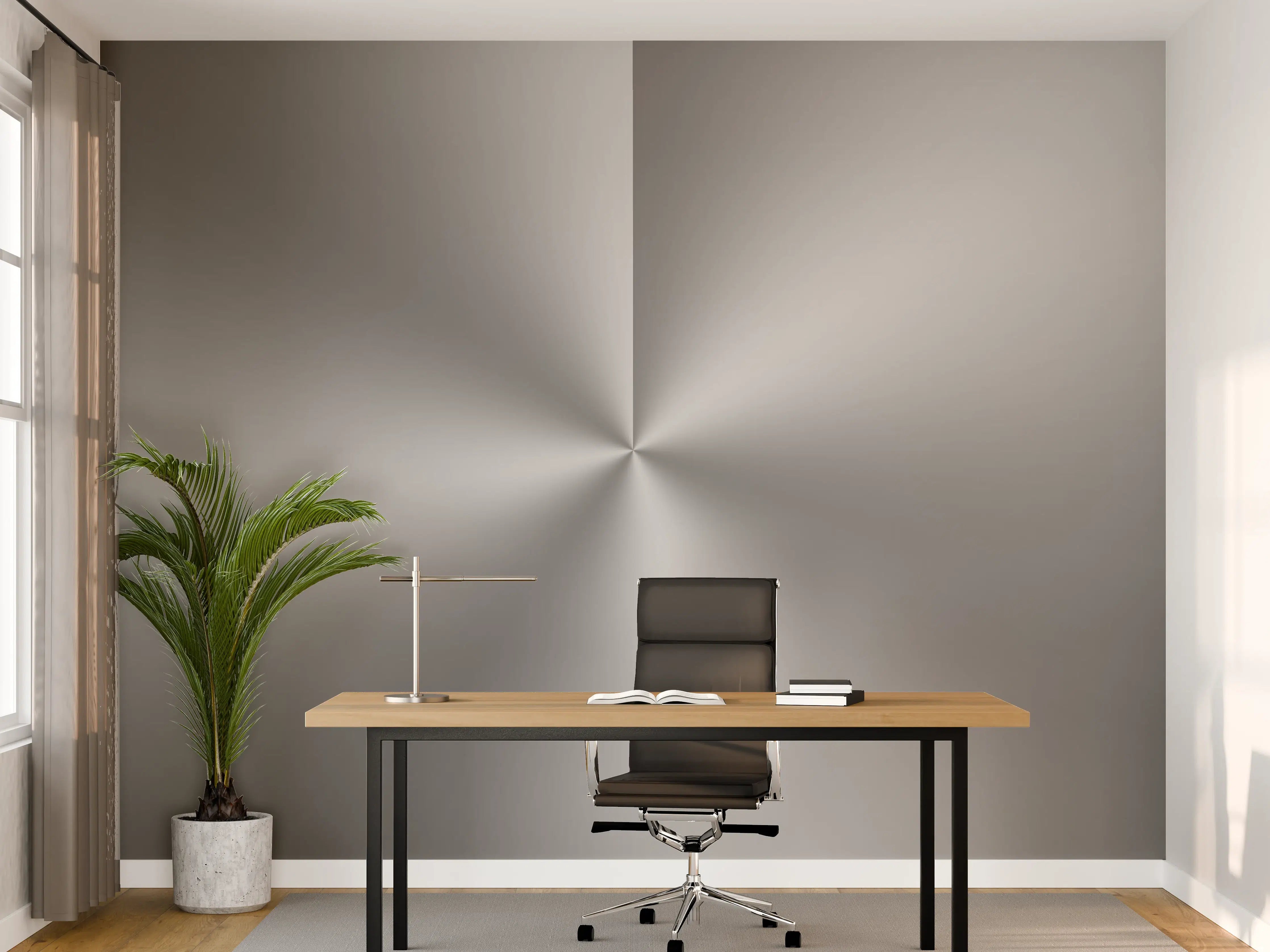 Büro Wandgestaltung - Silberne Metallic-Textur mit Sonnenstrahlen-Effekt