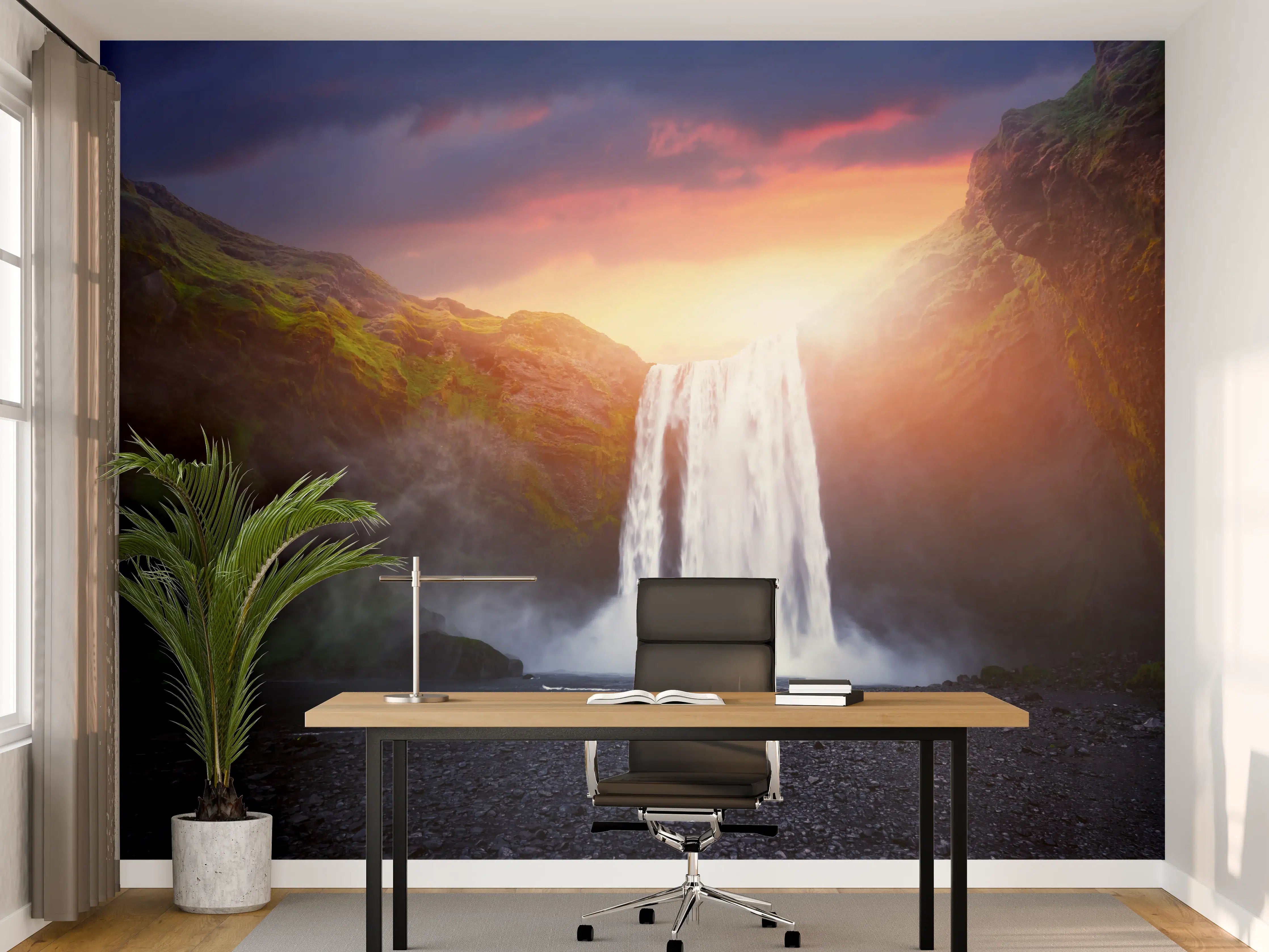 Büro Wandgestaltung - Skogafoss Wasserfall bei Sonnenuntergang