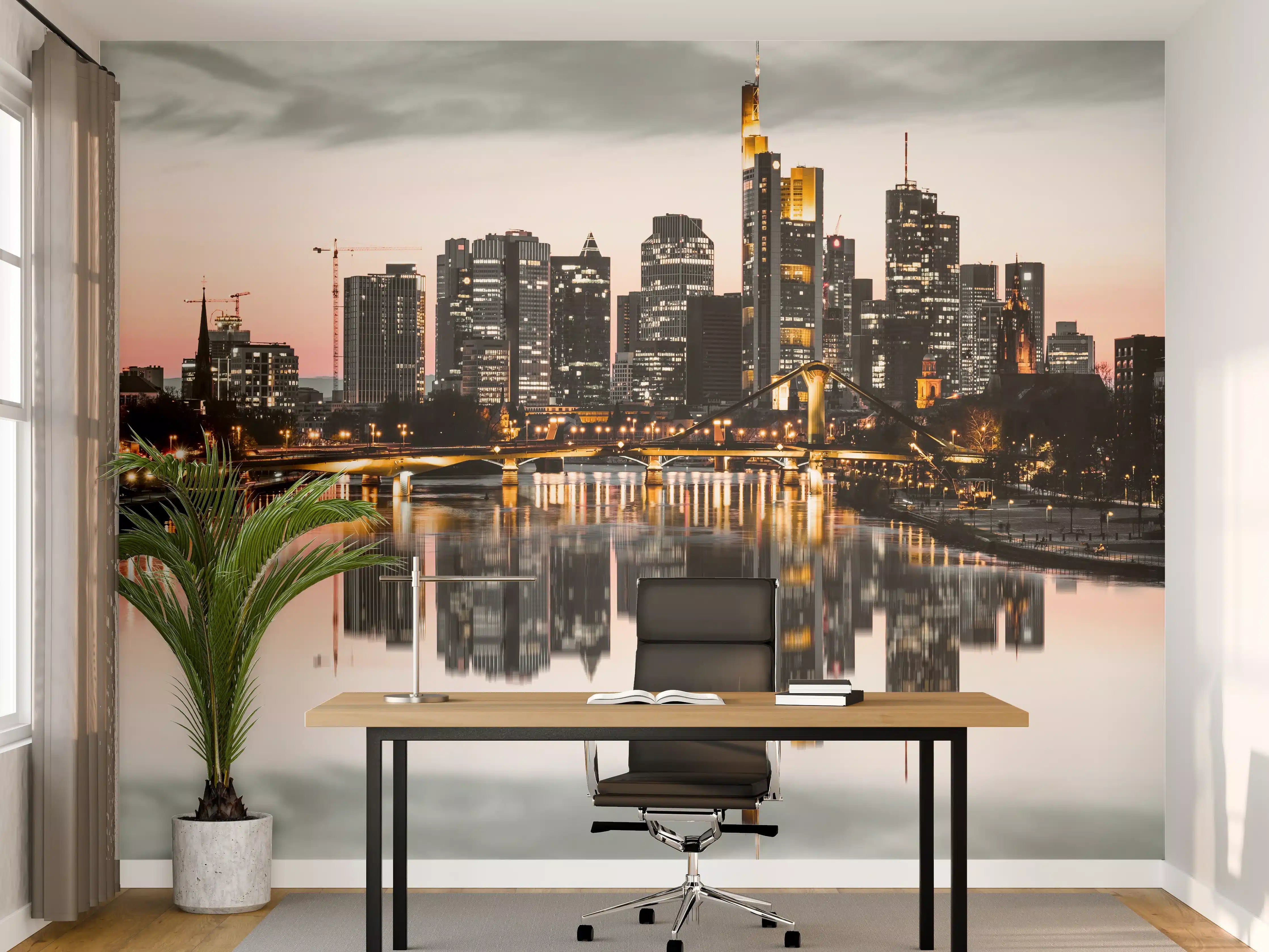 Büro Wandgestaltung - Skyline Frankfurt mit Wasser Spiegelung