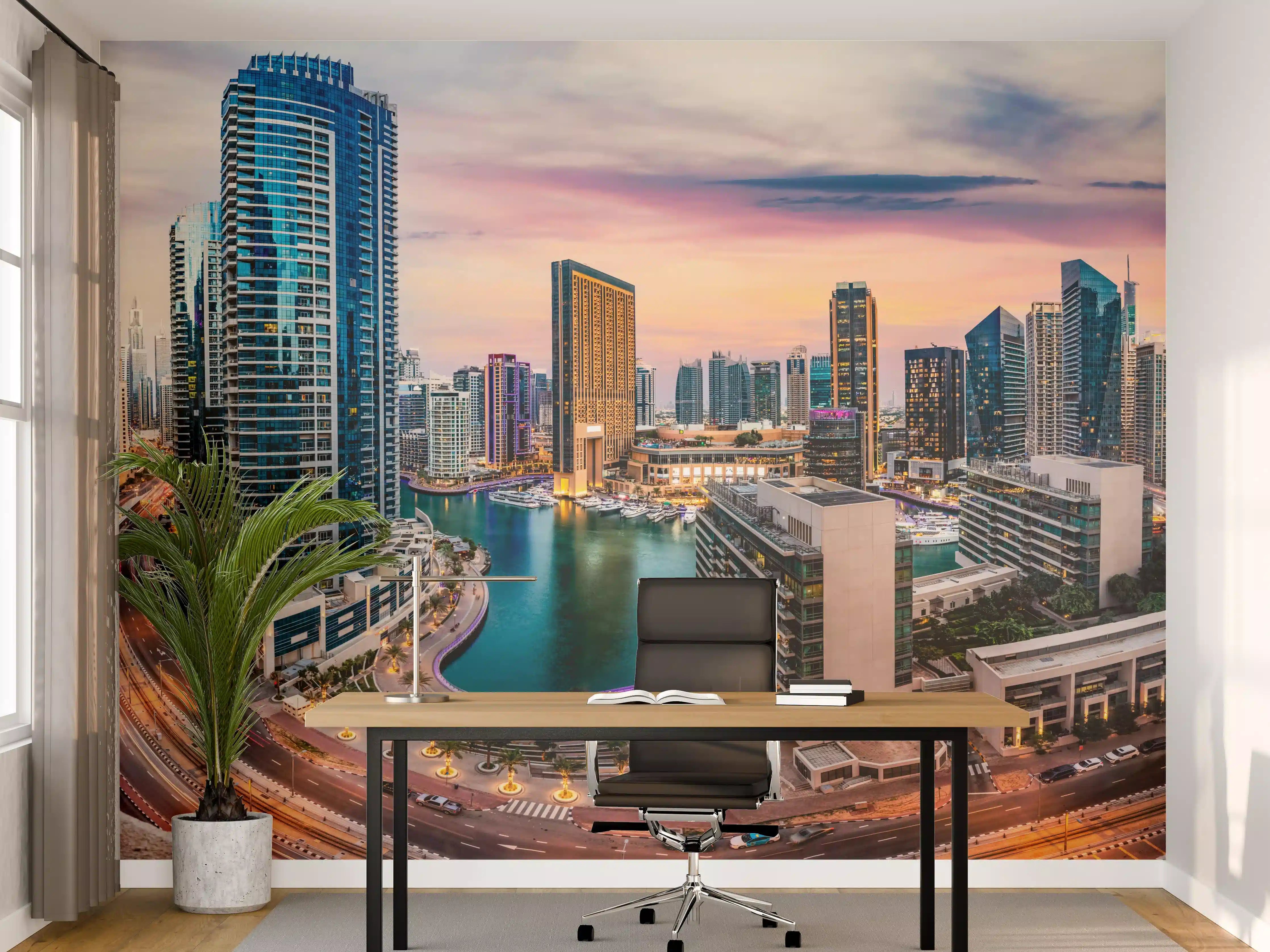 Büro Wandgestaltung - Skyline des Jachthafens von Dubai bei Sonnenuntergang