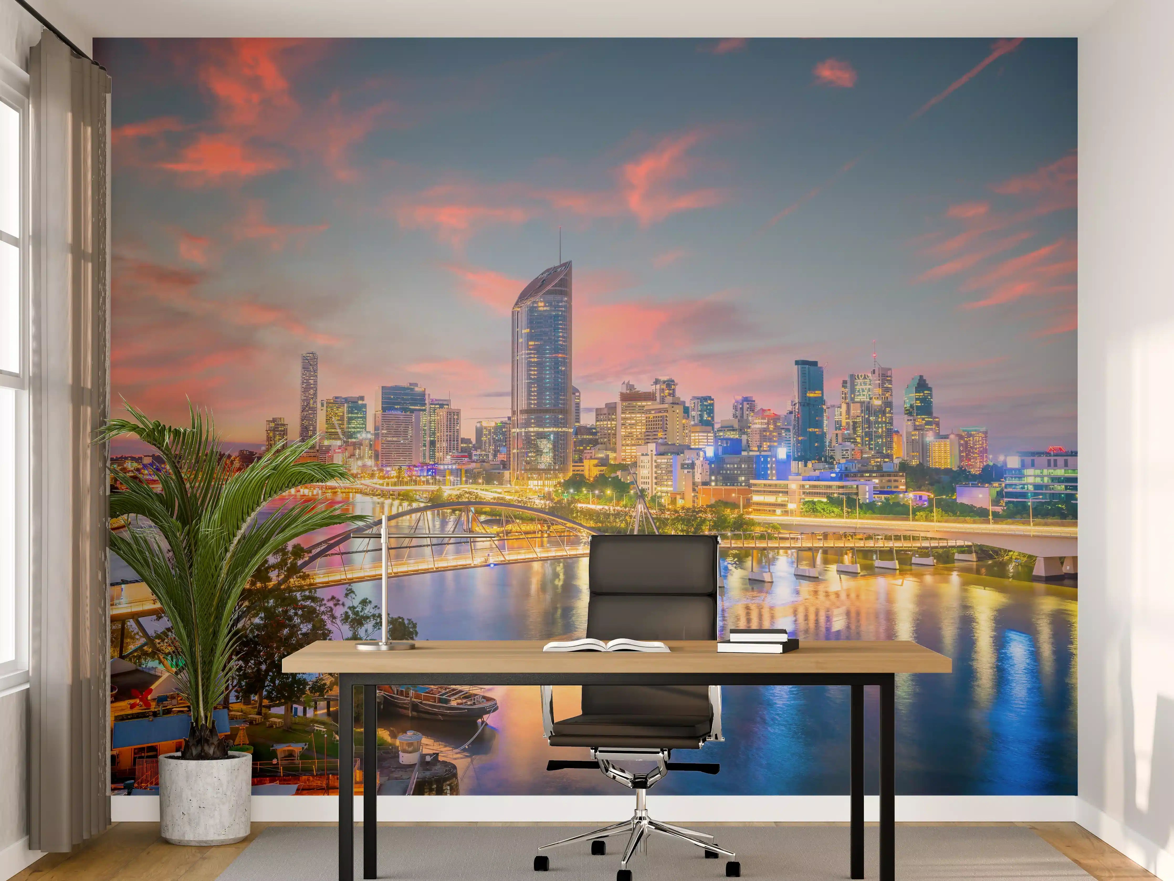 Büro Wandgestaltung - Skyline von Brisbane bei Sonnenuntergang