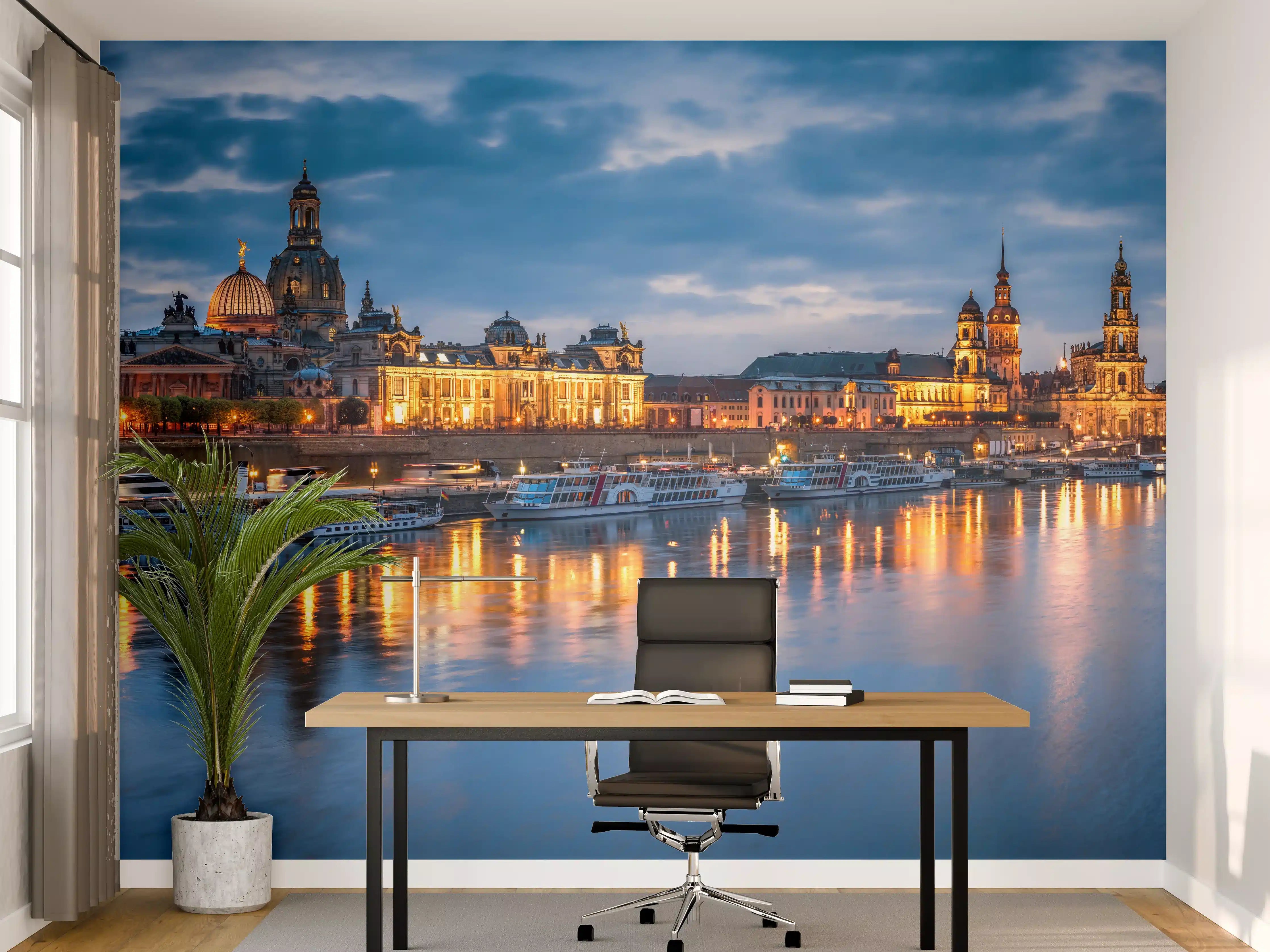 Büro Wandgestaltung - Skyline von Dresden am Elbufer bei Nacht