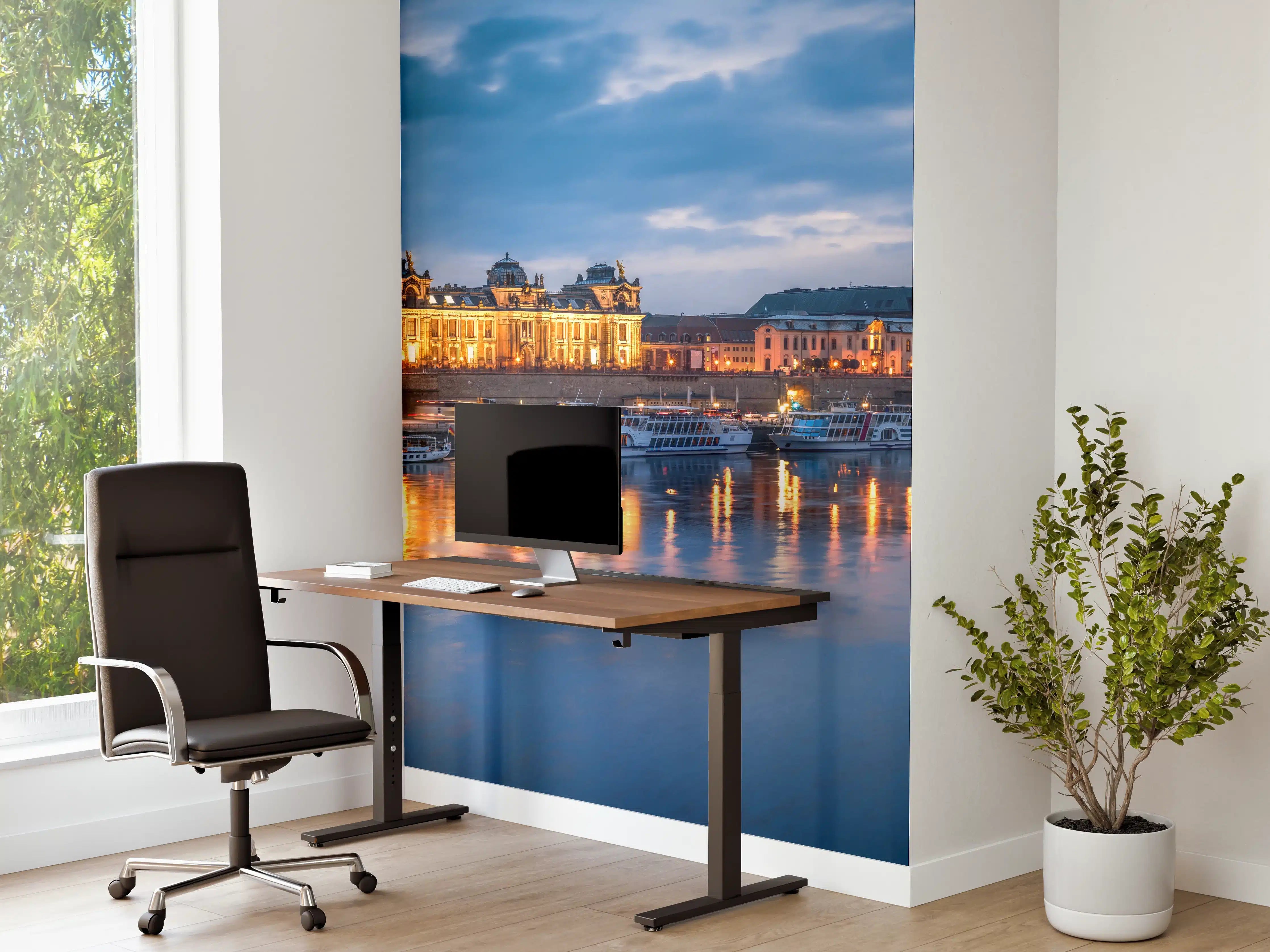 Büro Wandgestaltung - Skyline von Dresden am Elbufer bei Nacht