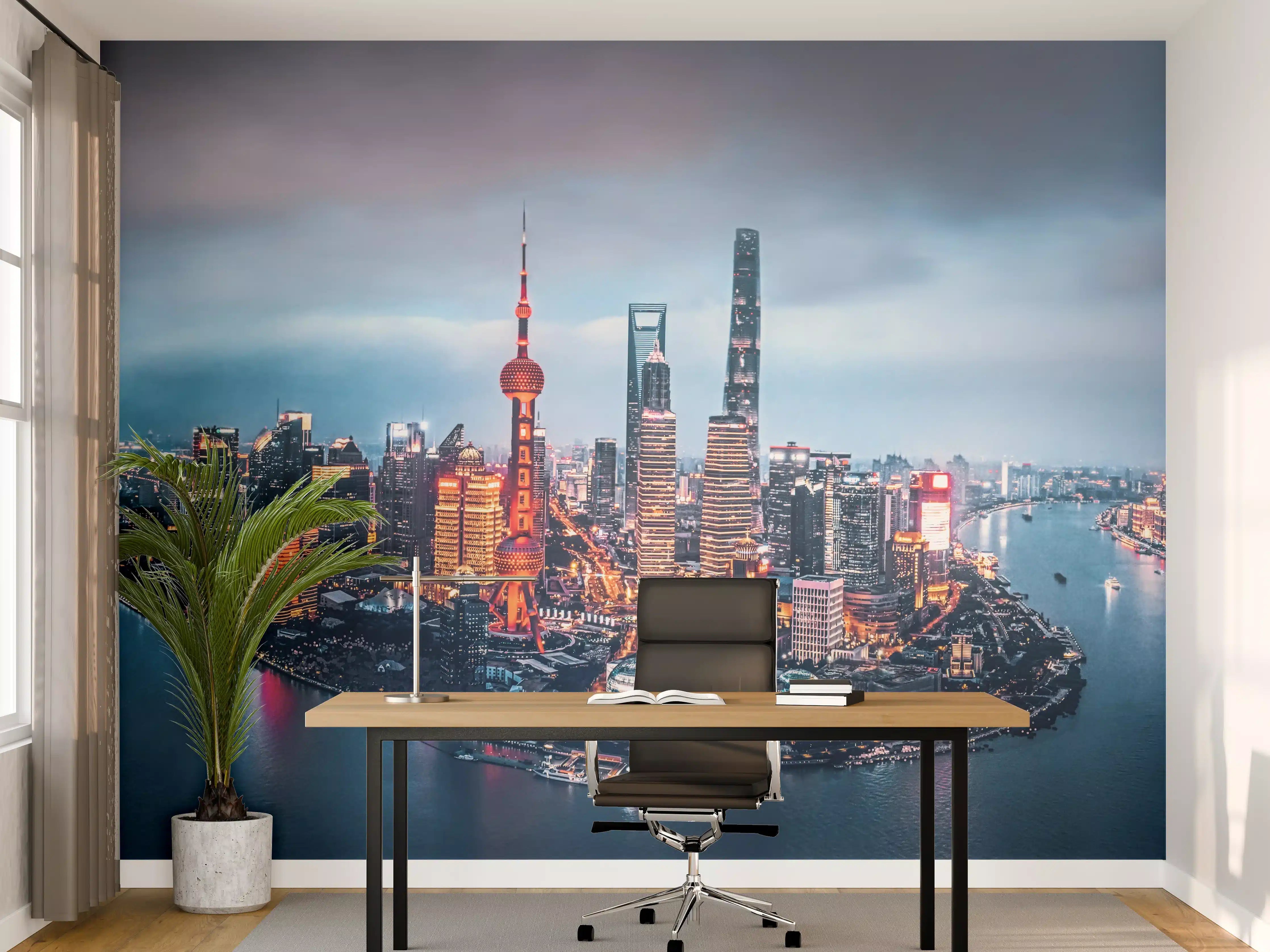 Büro Wandgestaltung - Skyline von Shanghai bei Nacht