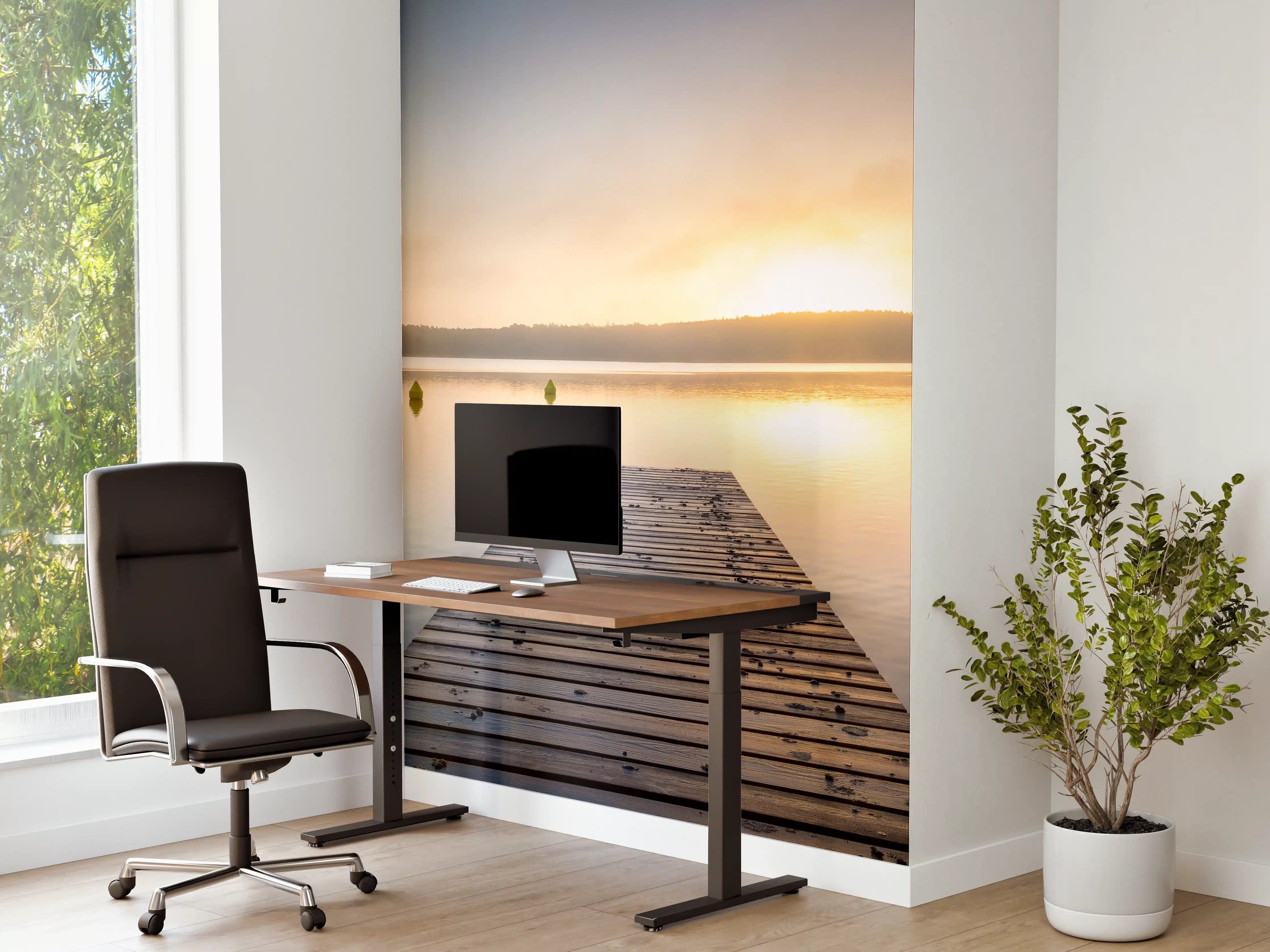 Büro Wandgestaltung - Sonnenaufgang am See mit Nebel
