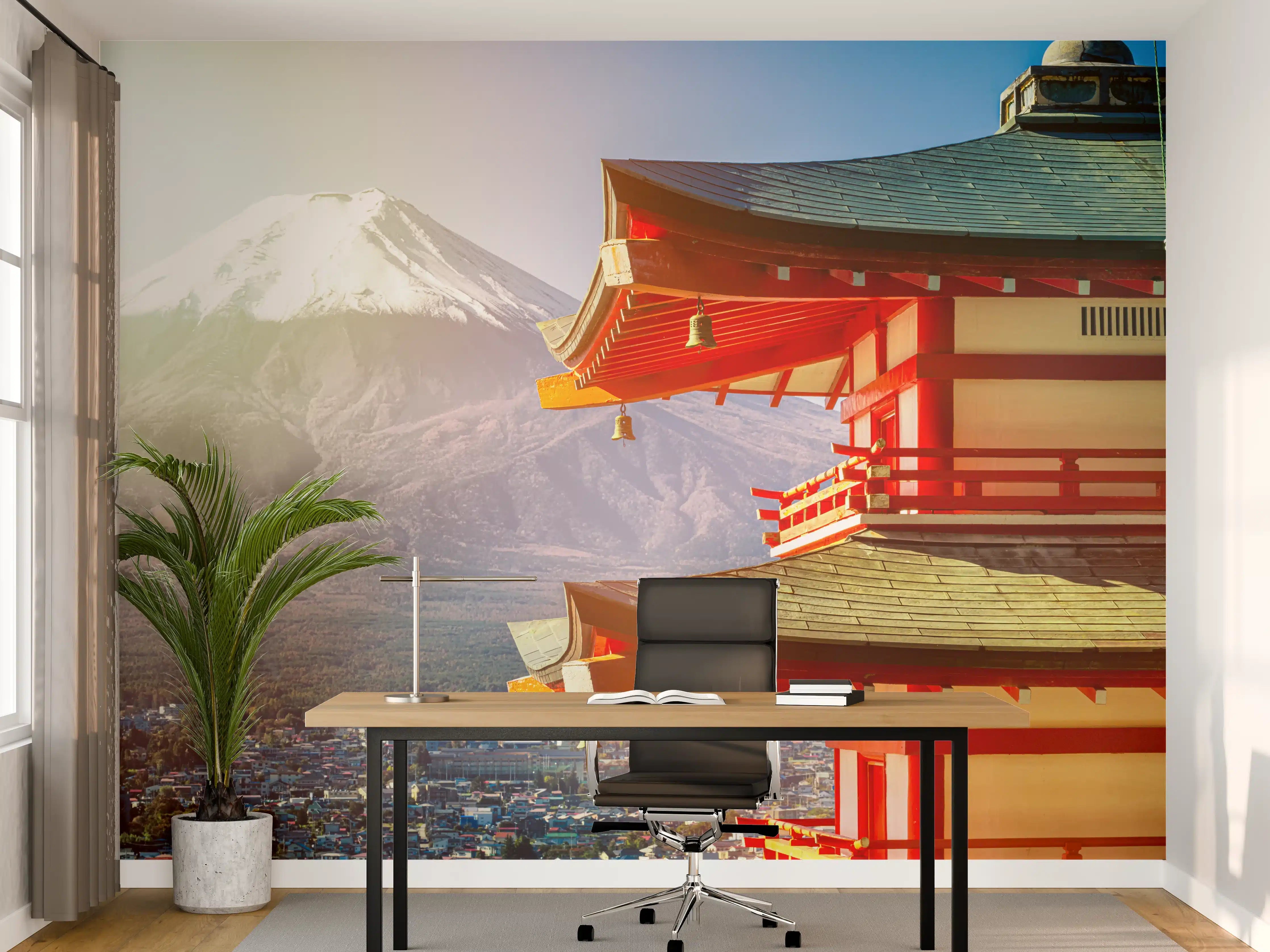 Büro Wandgestaltung - Sonnenaufgang des Berges Fuji und rote Pagode