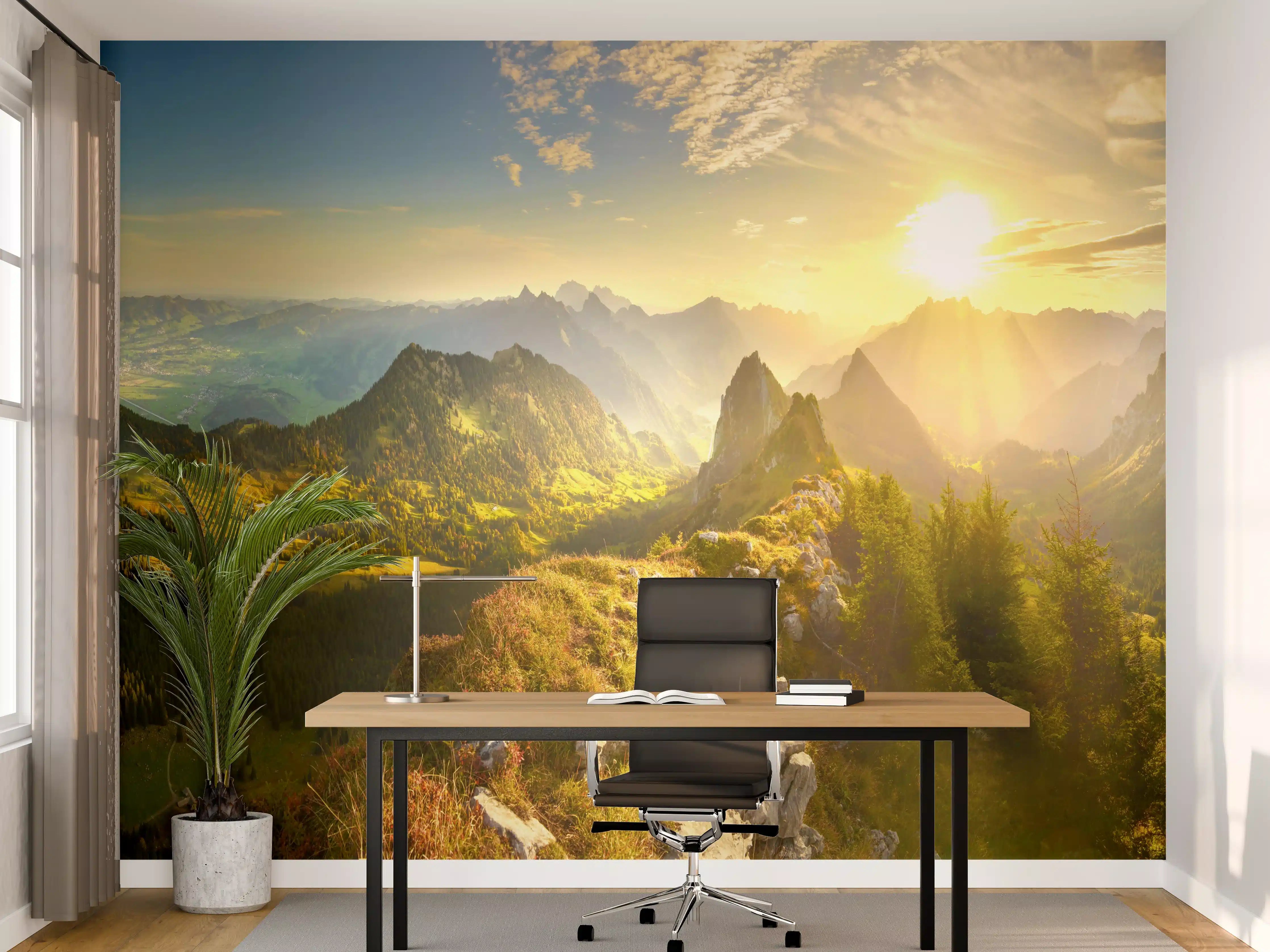 Büro Wandgestaltung - Sonnenaufgang über Schweizer Tal
