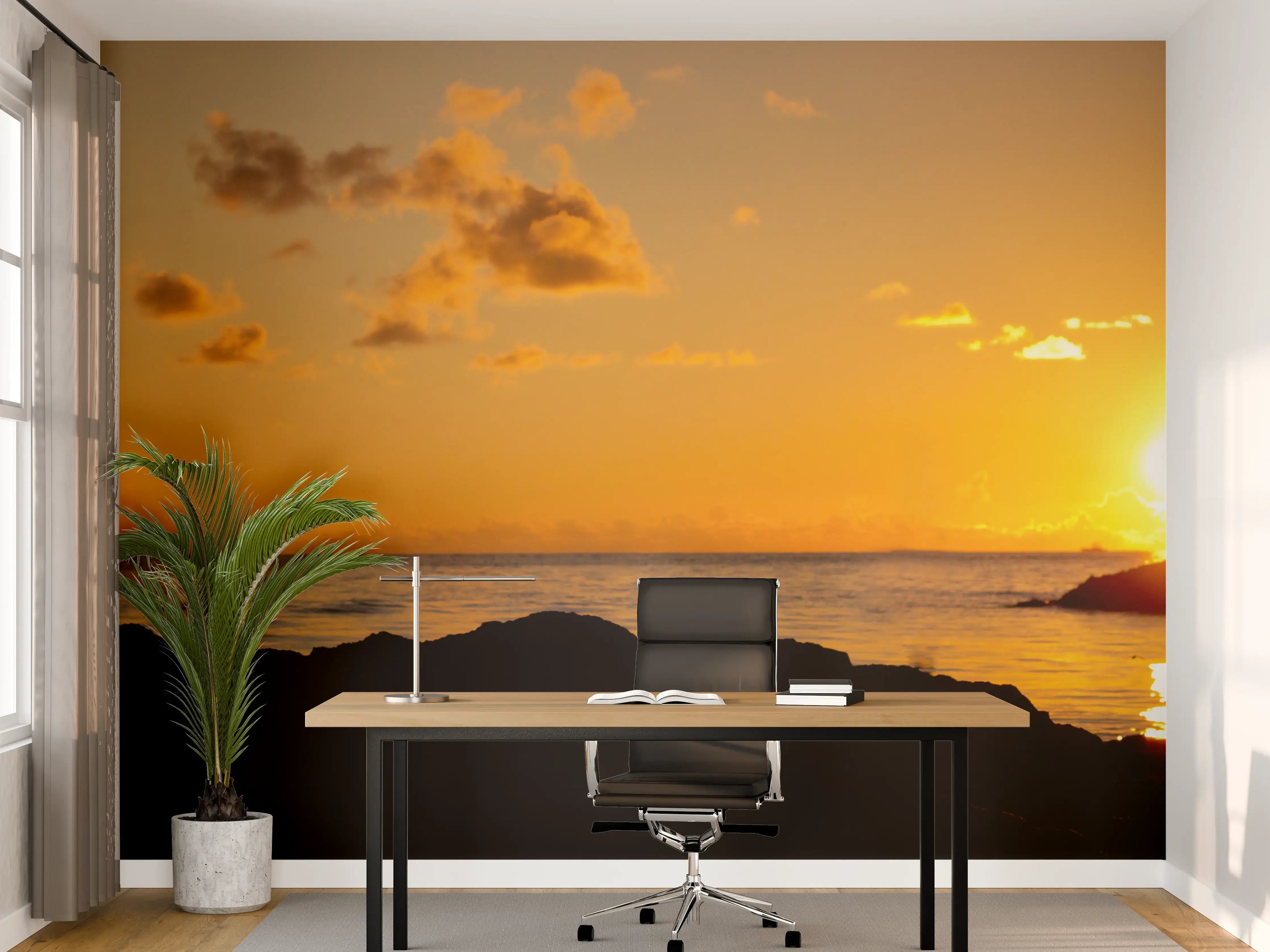 Büro Wandgestaltung - Sonnenuntergang am Meer mit Silhouettenstil