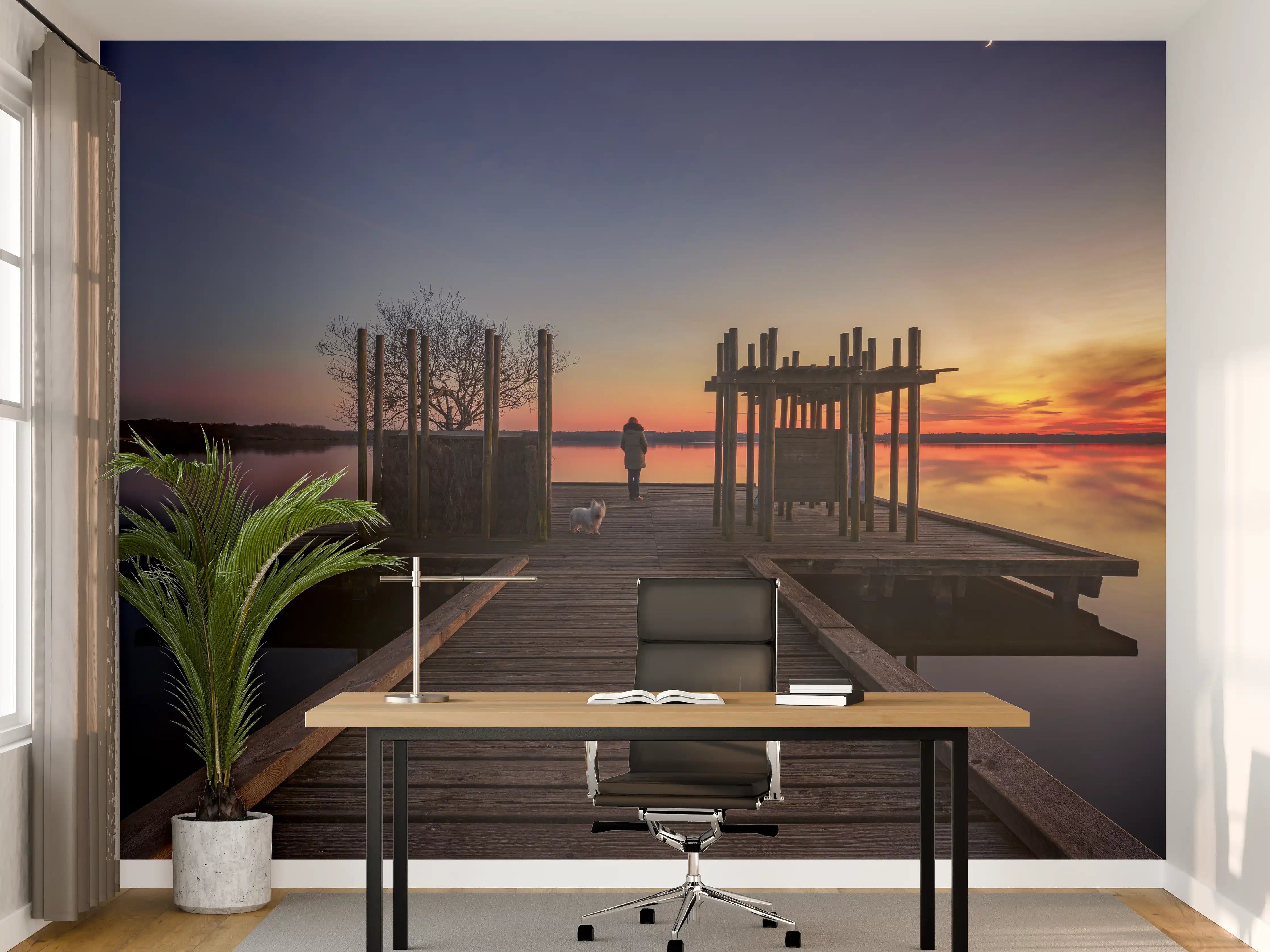 Büro Wandgestaltung - Sonnenuntergang am See mit Holzsteg und Person