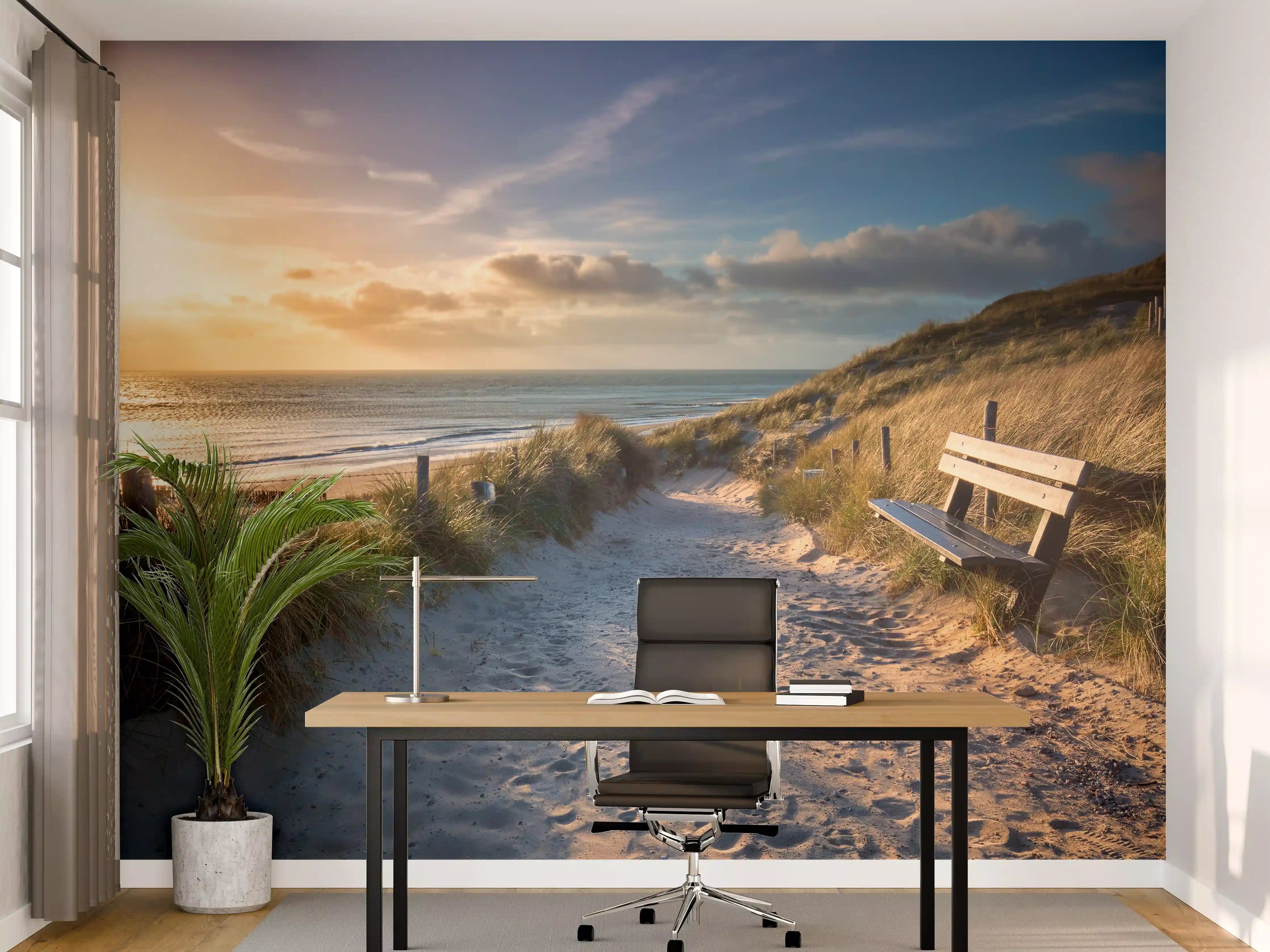 Büro Wandgestaltung - Sonnenuntergang am Strand mit Sandweg und Dünen