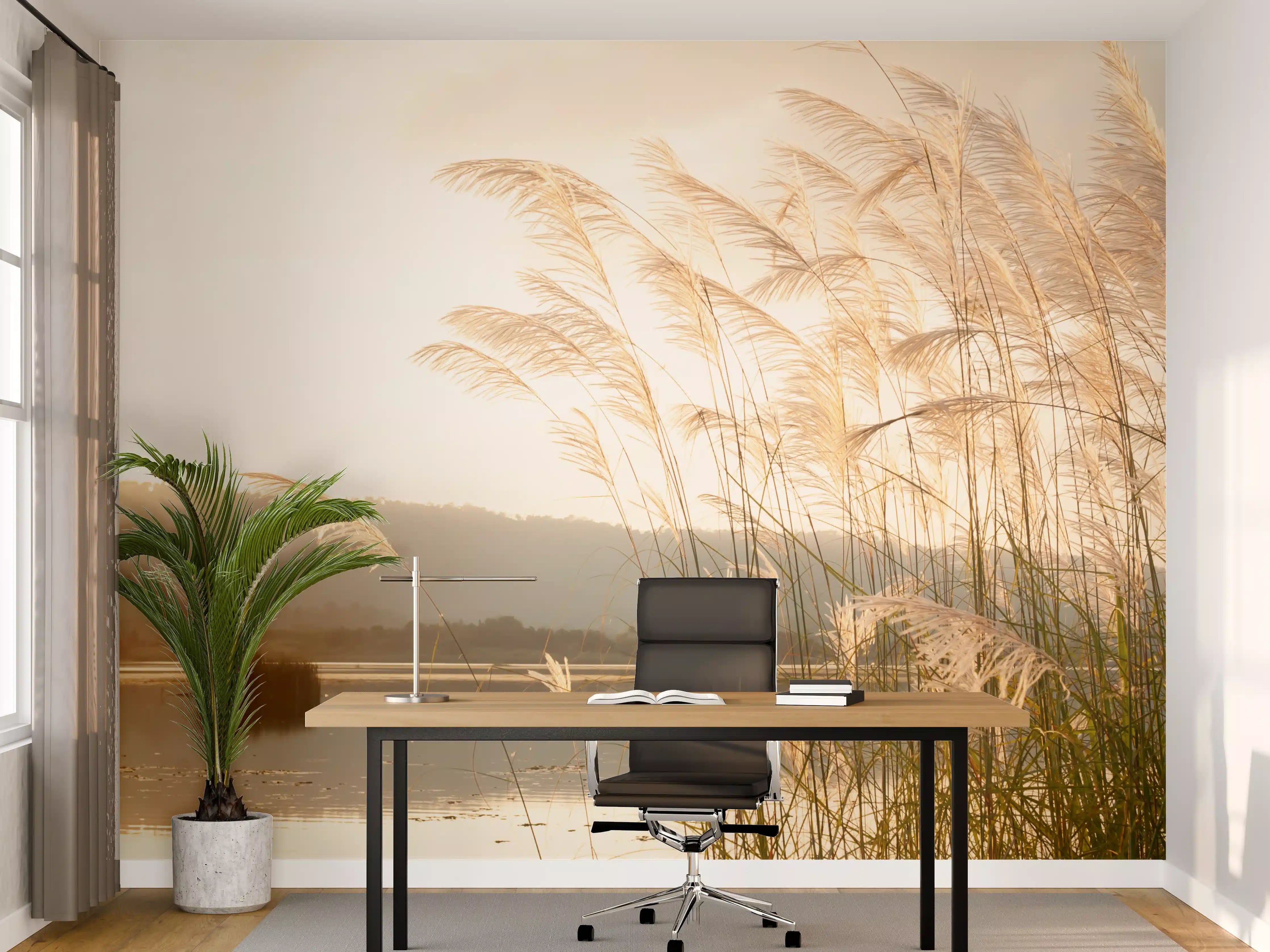 Büro Wandgestaltung - Sonnenuntergang am Wasser mit Gräsern