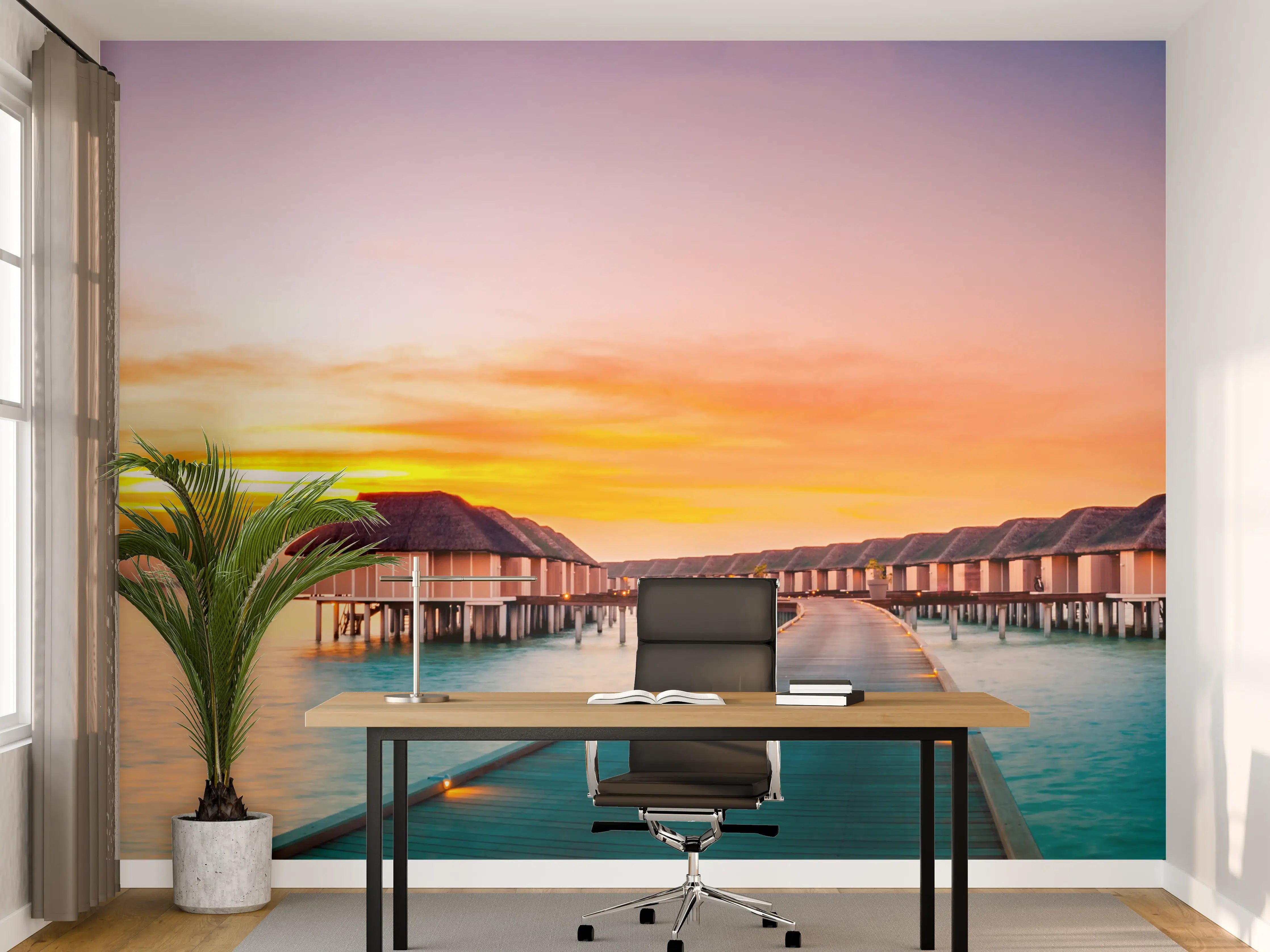 Büro Wandgestaltung - Sonnenuntergang über dem Meer mit Pier
