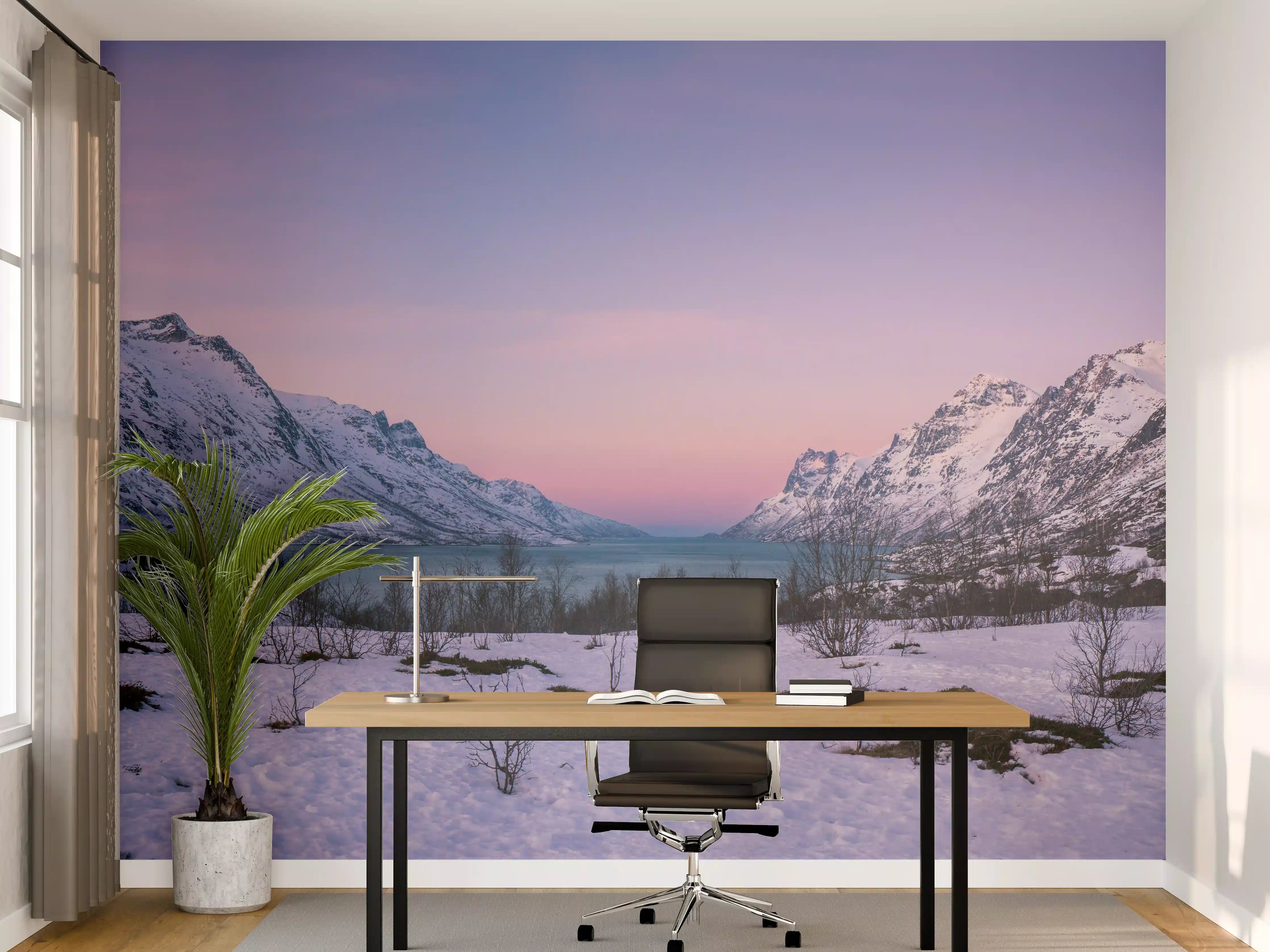 Büro Wandgestaltung - Sonnenuntergang über verschneiten Bergen