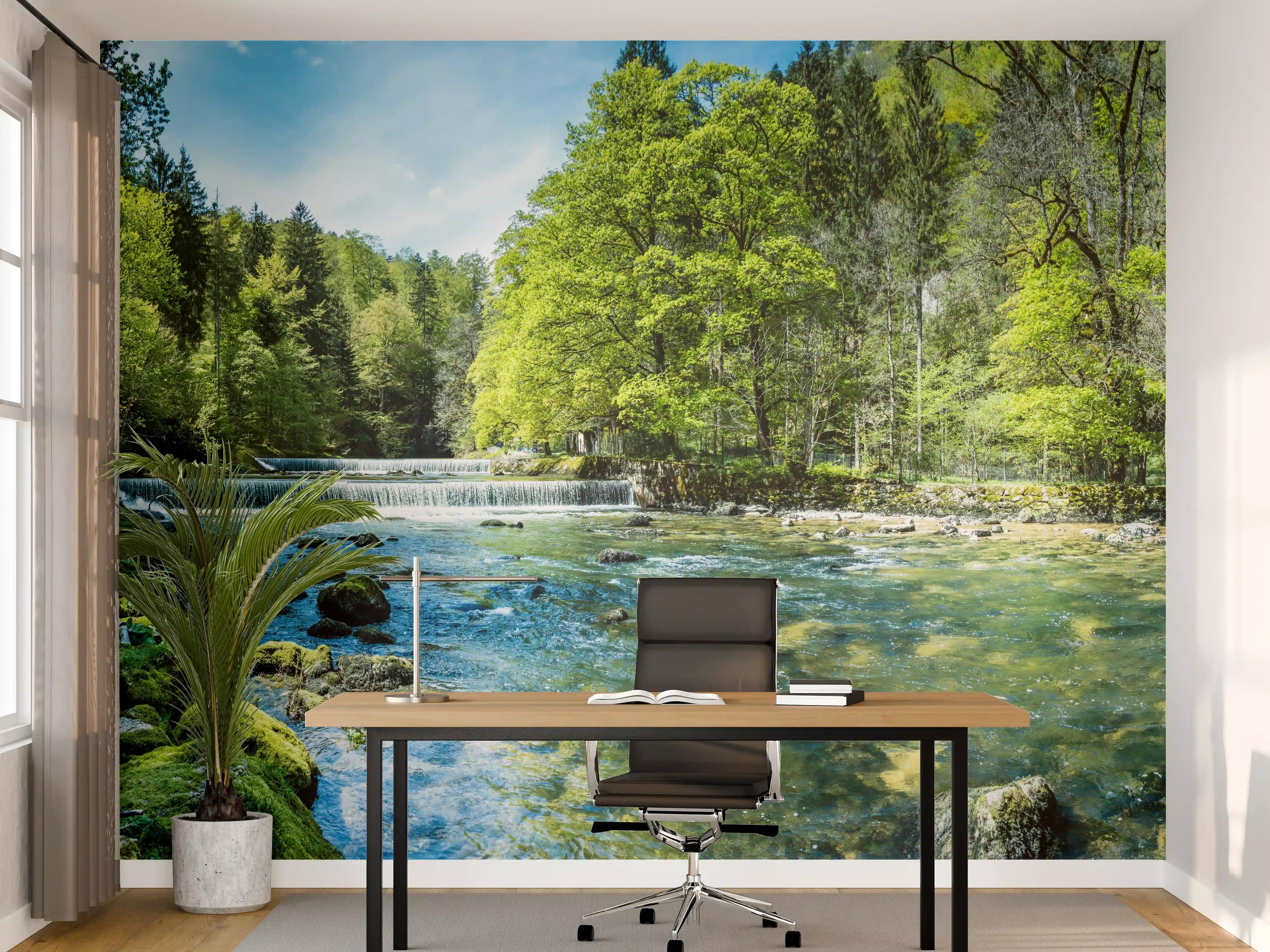 Büro Wandgestaltung - Sonnige Flusslandschaft in der Schweiz