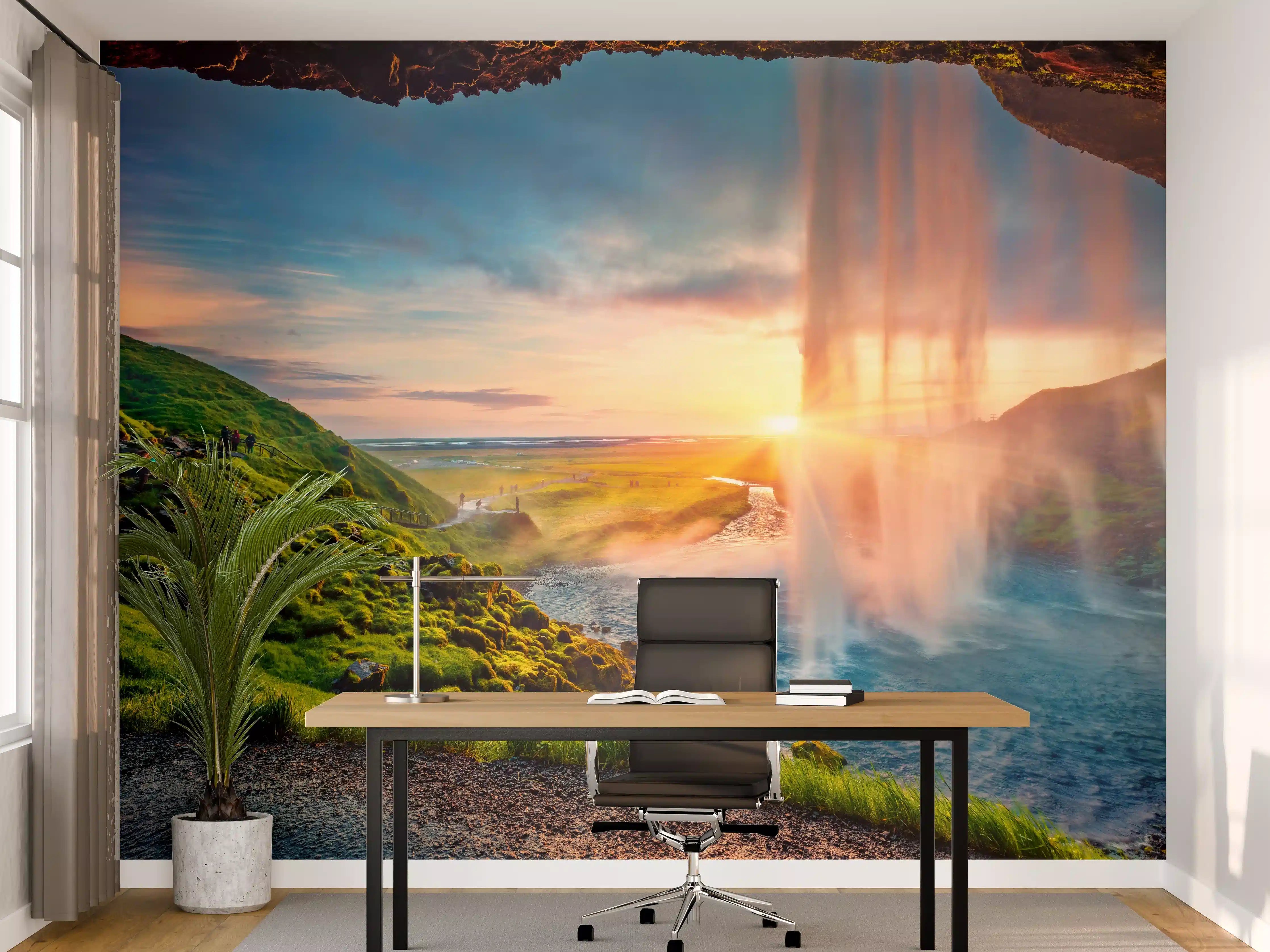 Büro Wandgestaltung - Spektakulärer Sonnenuntergang am Wasserfall Seljalandsfoss