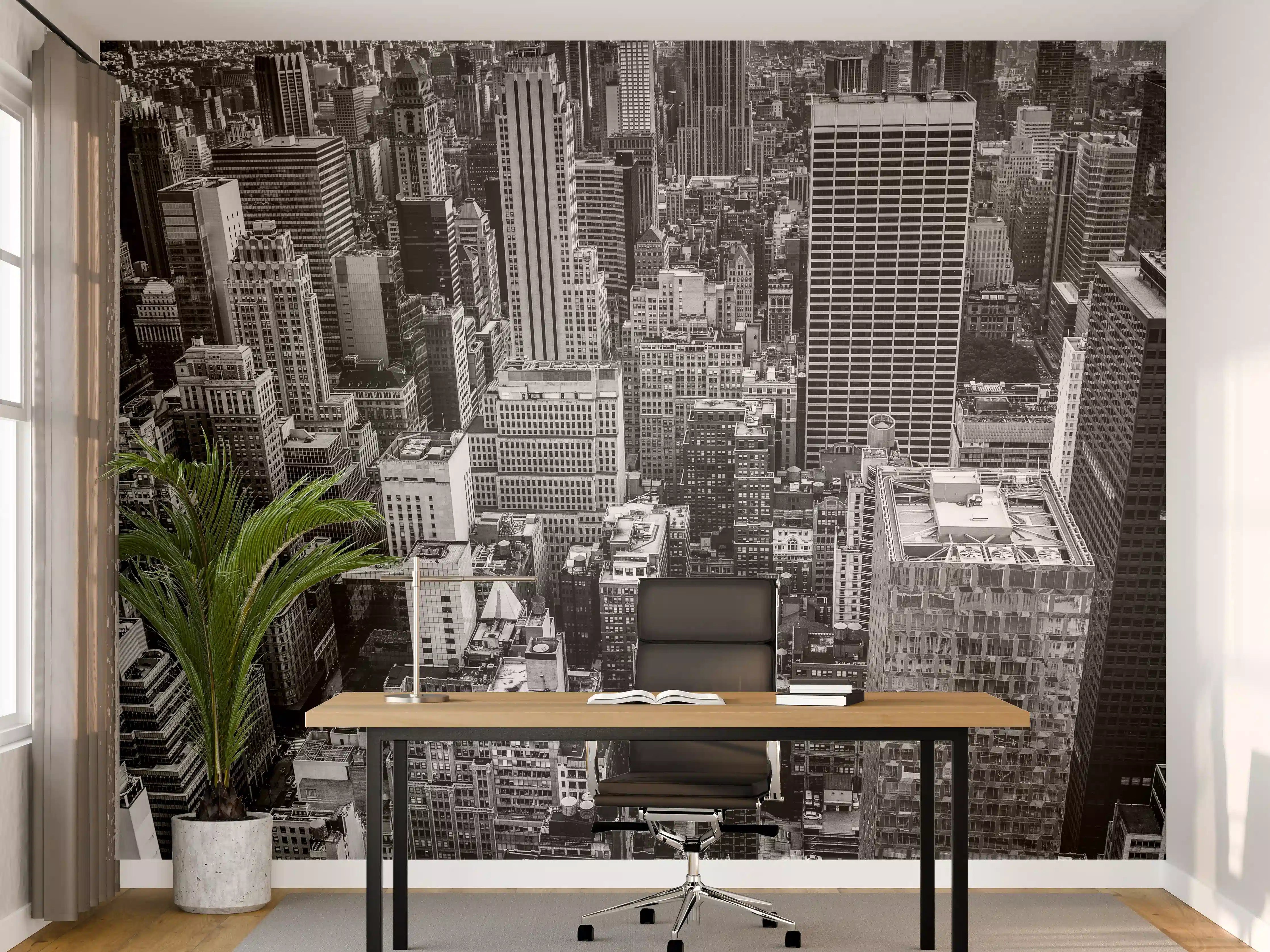 Büro Wandgestaltung - Stadt skyline bei Sonnenuntergang in Schwarzweiß