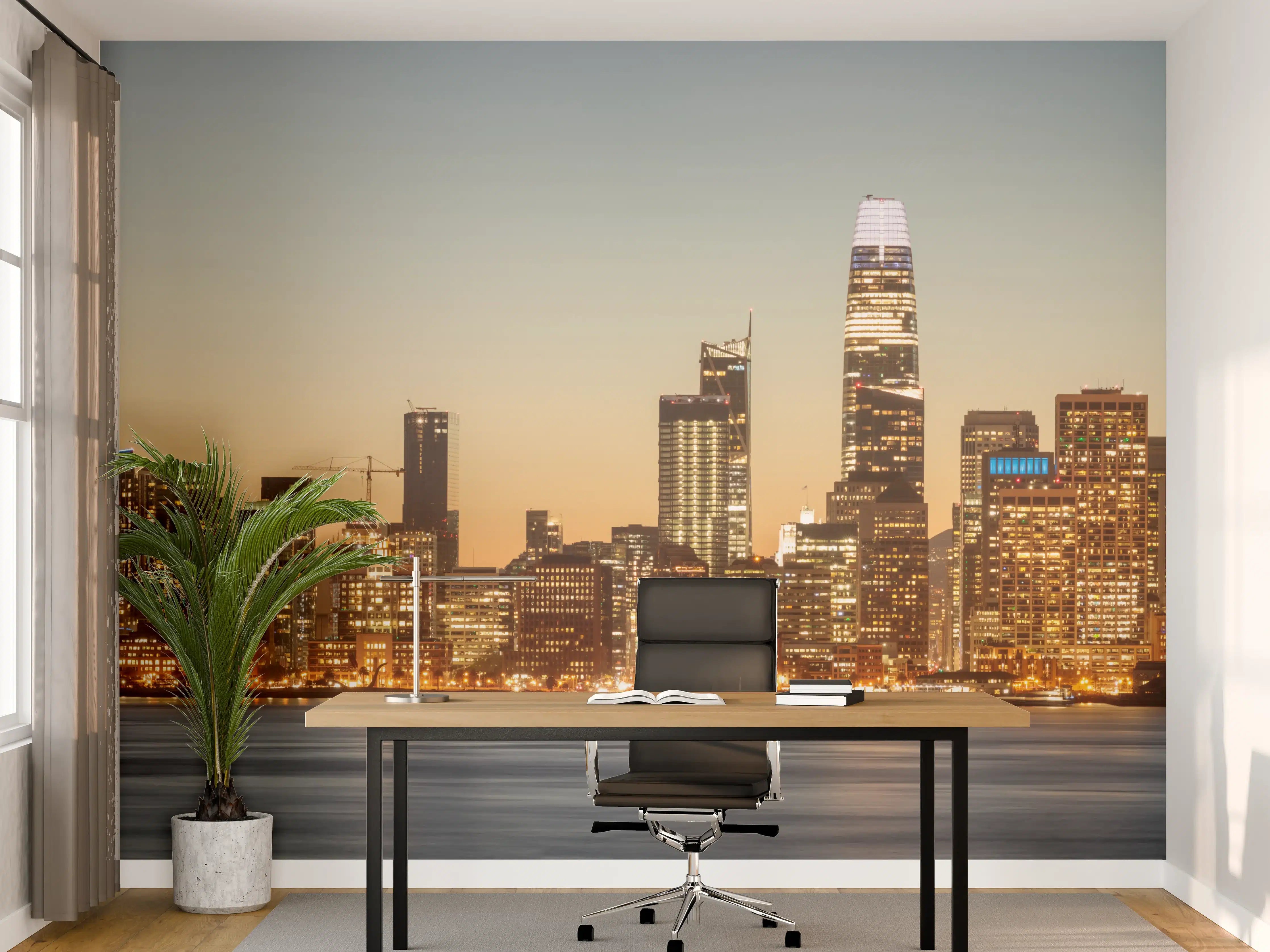 Büro Wandgestaltung - Stadtbild bei Sonnenuntergang mit Brücke und Skyline