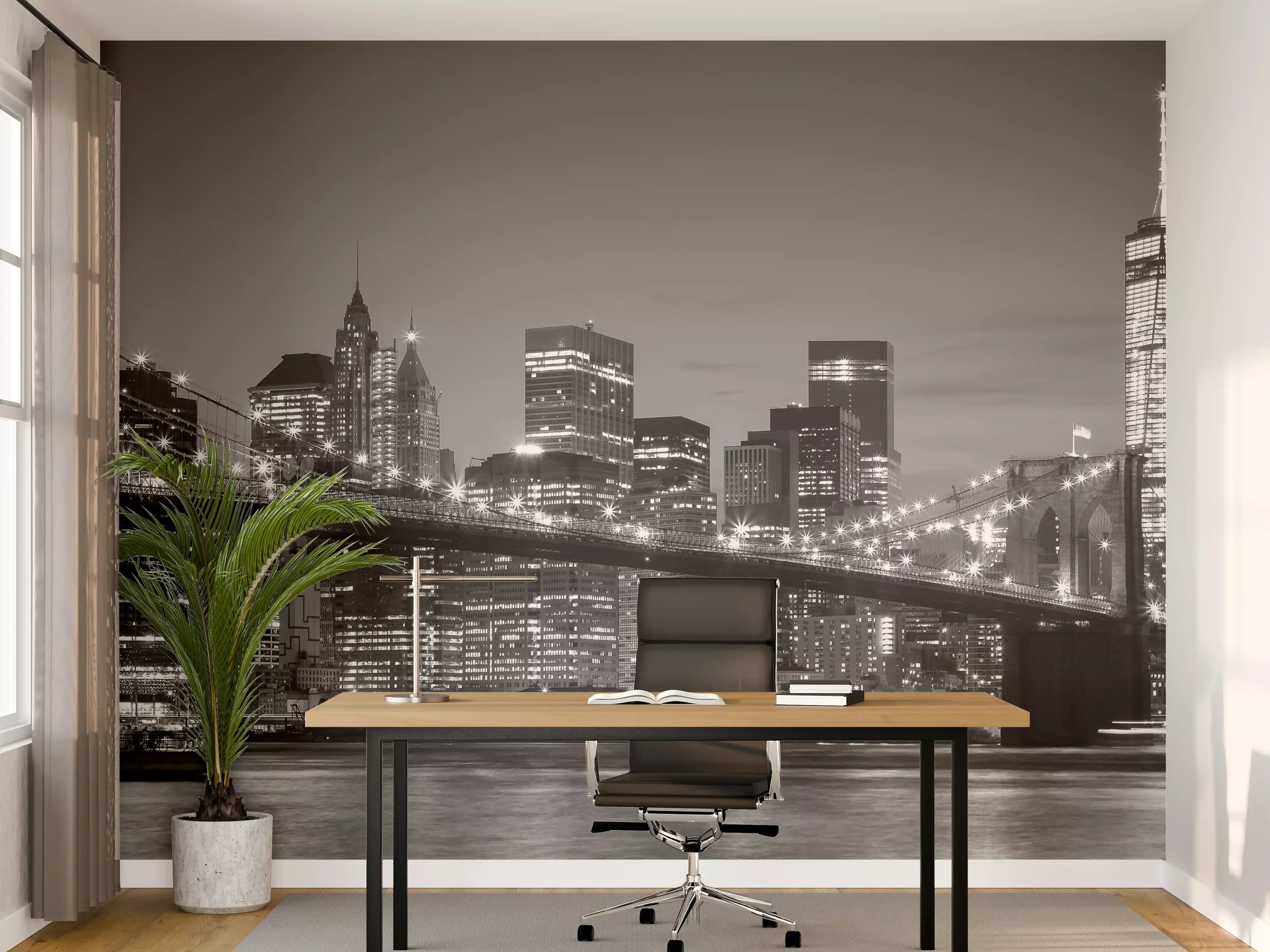 Büro Wandgestaltung - Städtische Skyline bei Nacht in Schwarzweiß