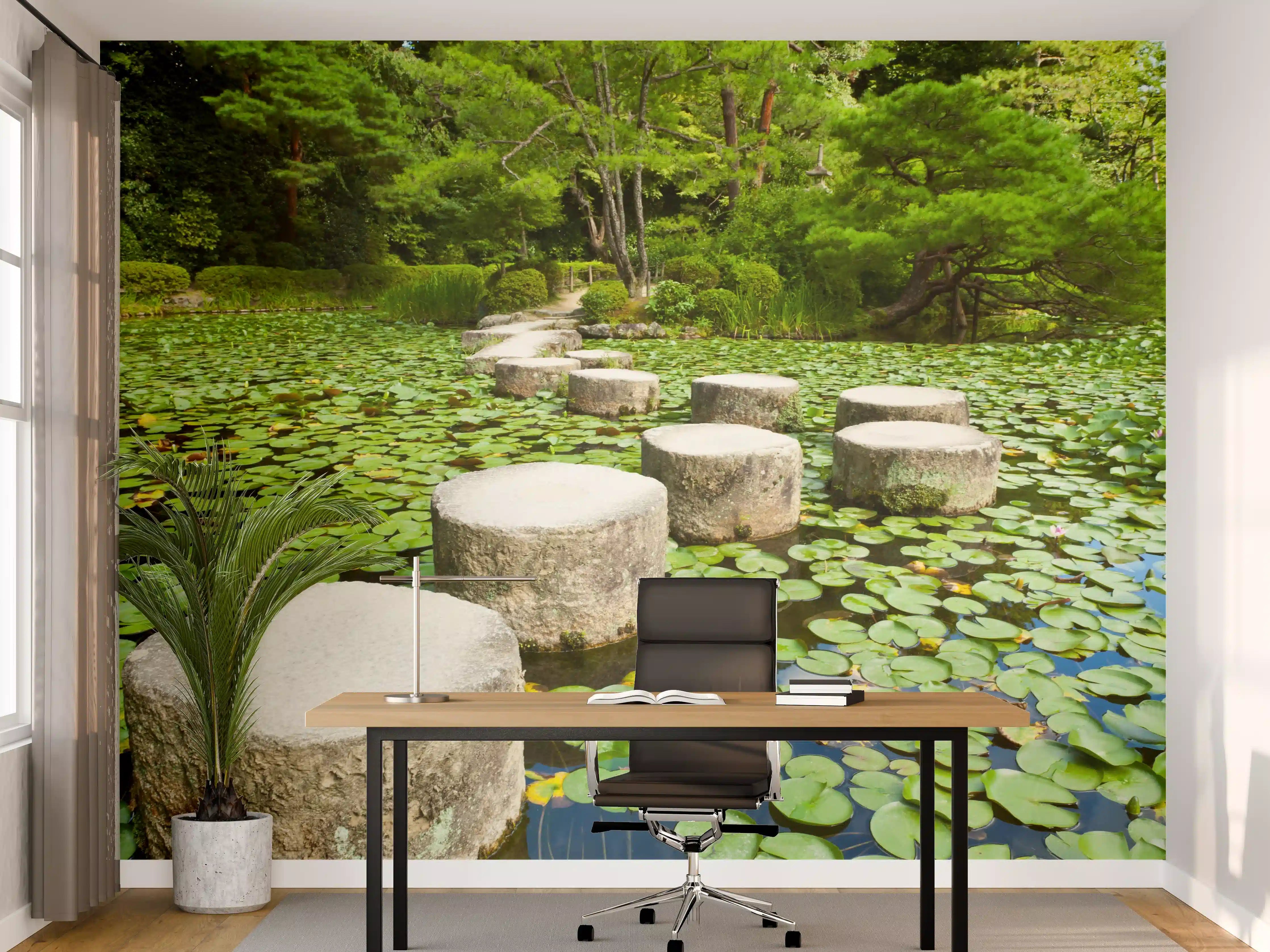 Büro Wandgestaltung - Stein-Zen-Pfad umhüllt von Wasserpflanzen