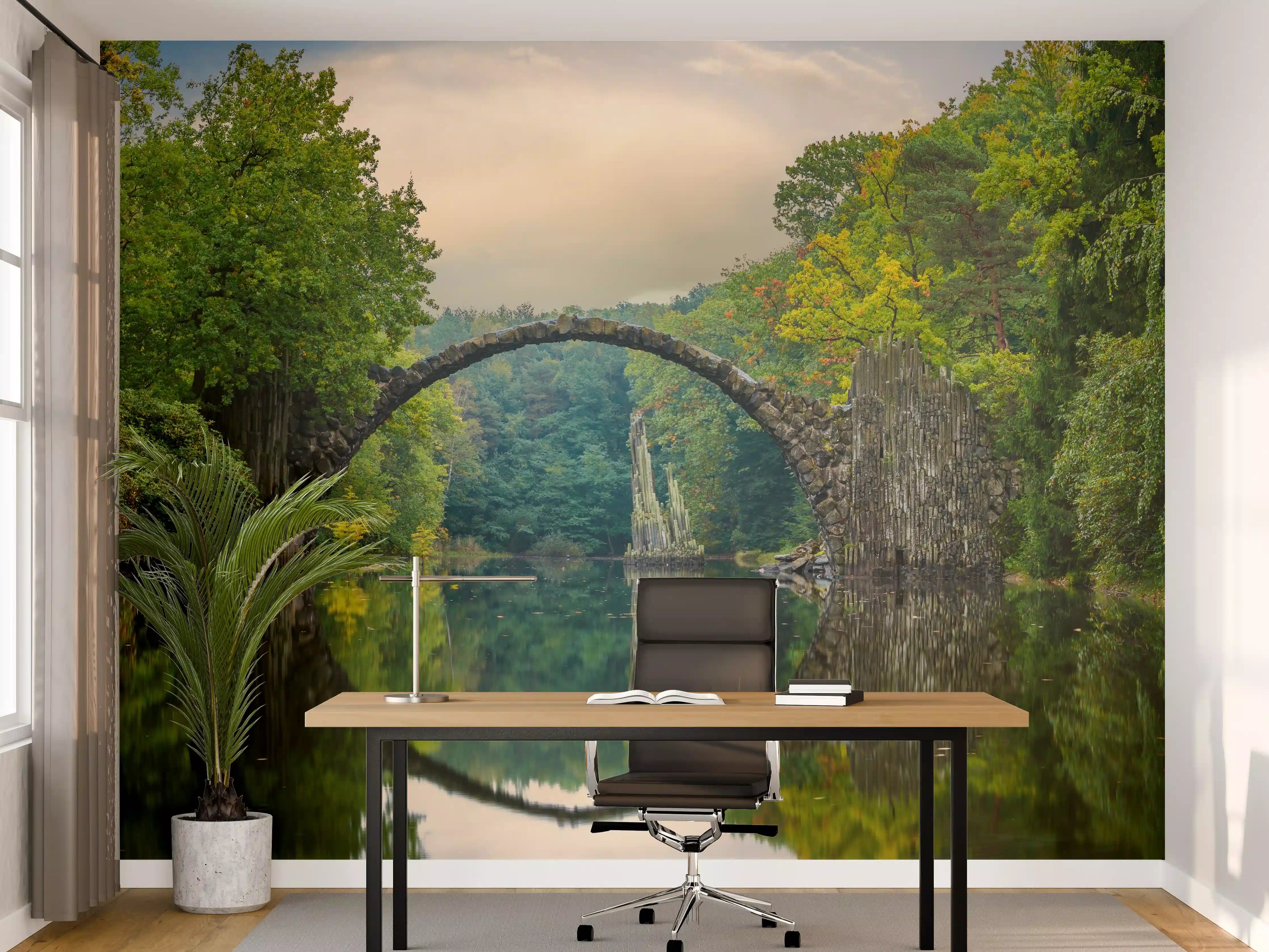 Büro Wandgestaltung - Steinbrücke über Fluss im Wald